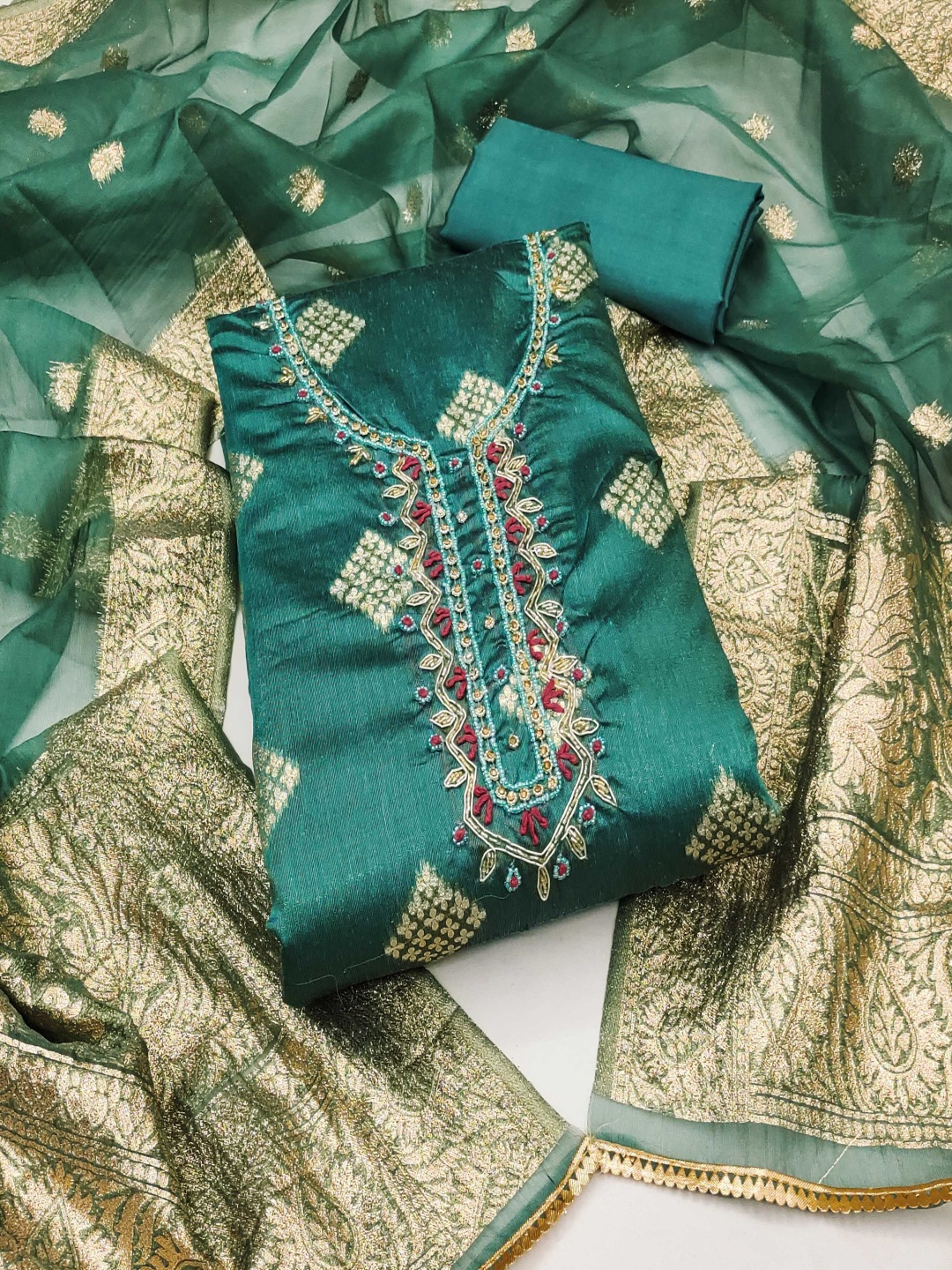 

Blissta Floral Woven Design Beads And Stones Unstitched Dress Material, Green
