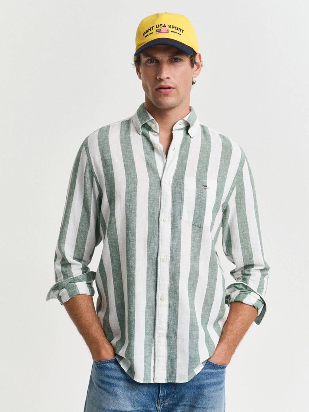 

GANT Men Bold Striped Cotton Linen Casual Shirt, Green
