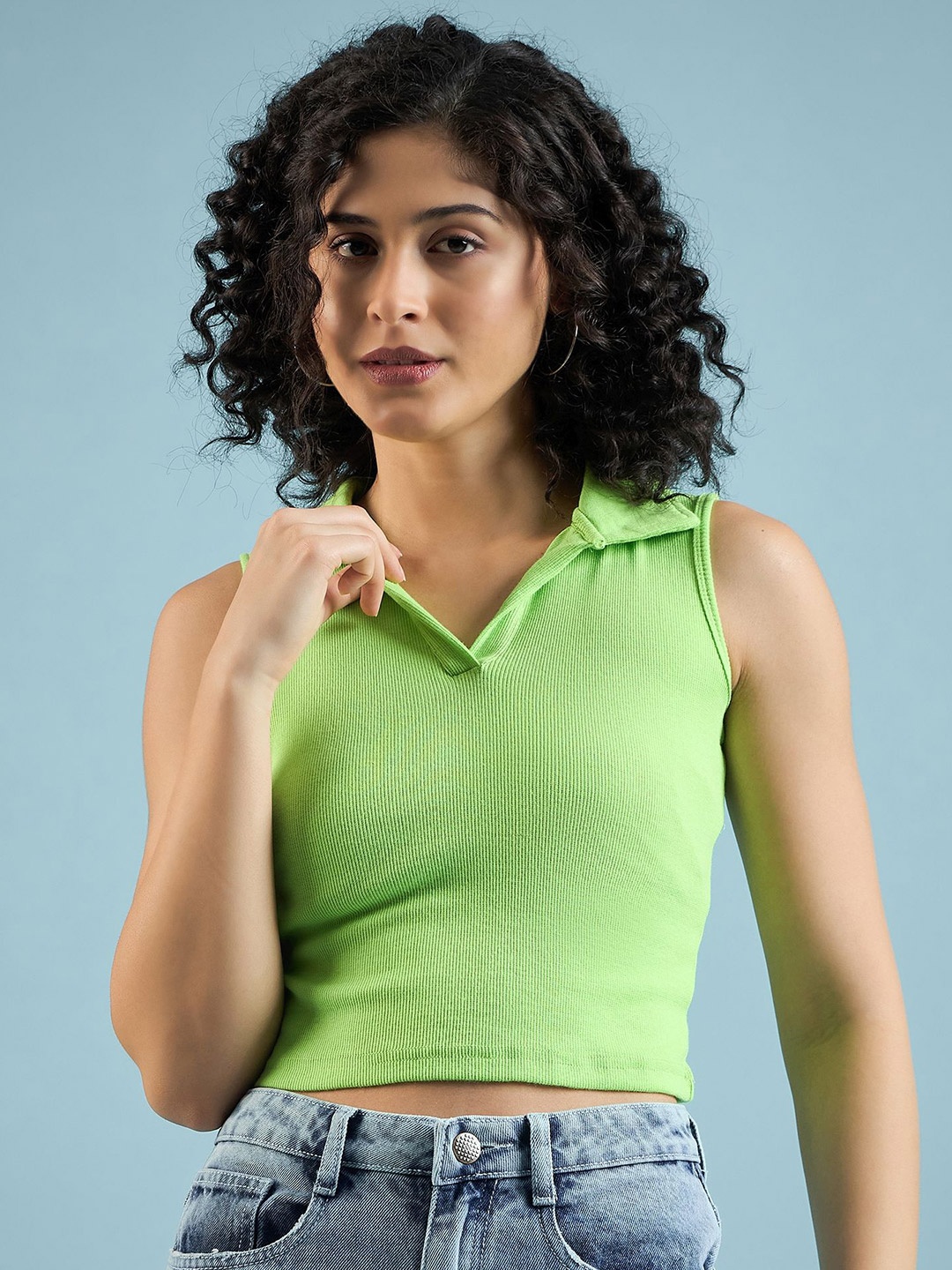 

DressBerry Women Shirt Collar Pure Cotton Fitted Crop Top, Fluorescent green