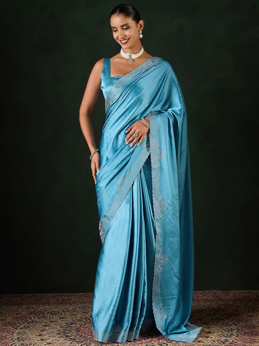 

Sangria Embellished Party Wear Saree With Unstitched Blouse, Blue