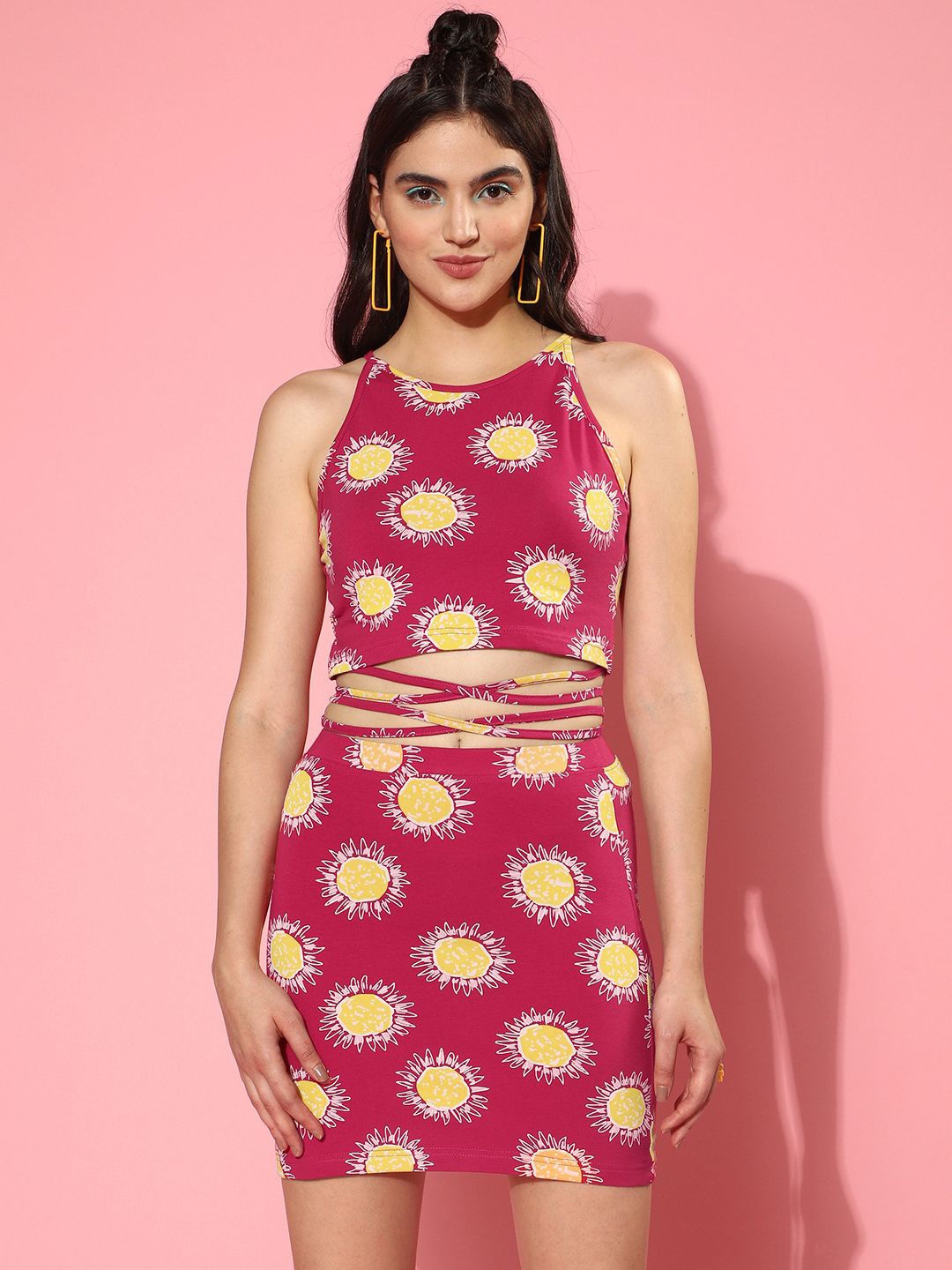 

JUNEBERRY All Over Floral Printed Round Neck Slim Fit Crop Top With Skirt Co-Ords, Red