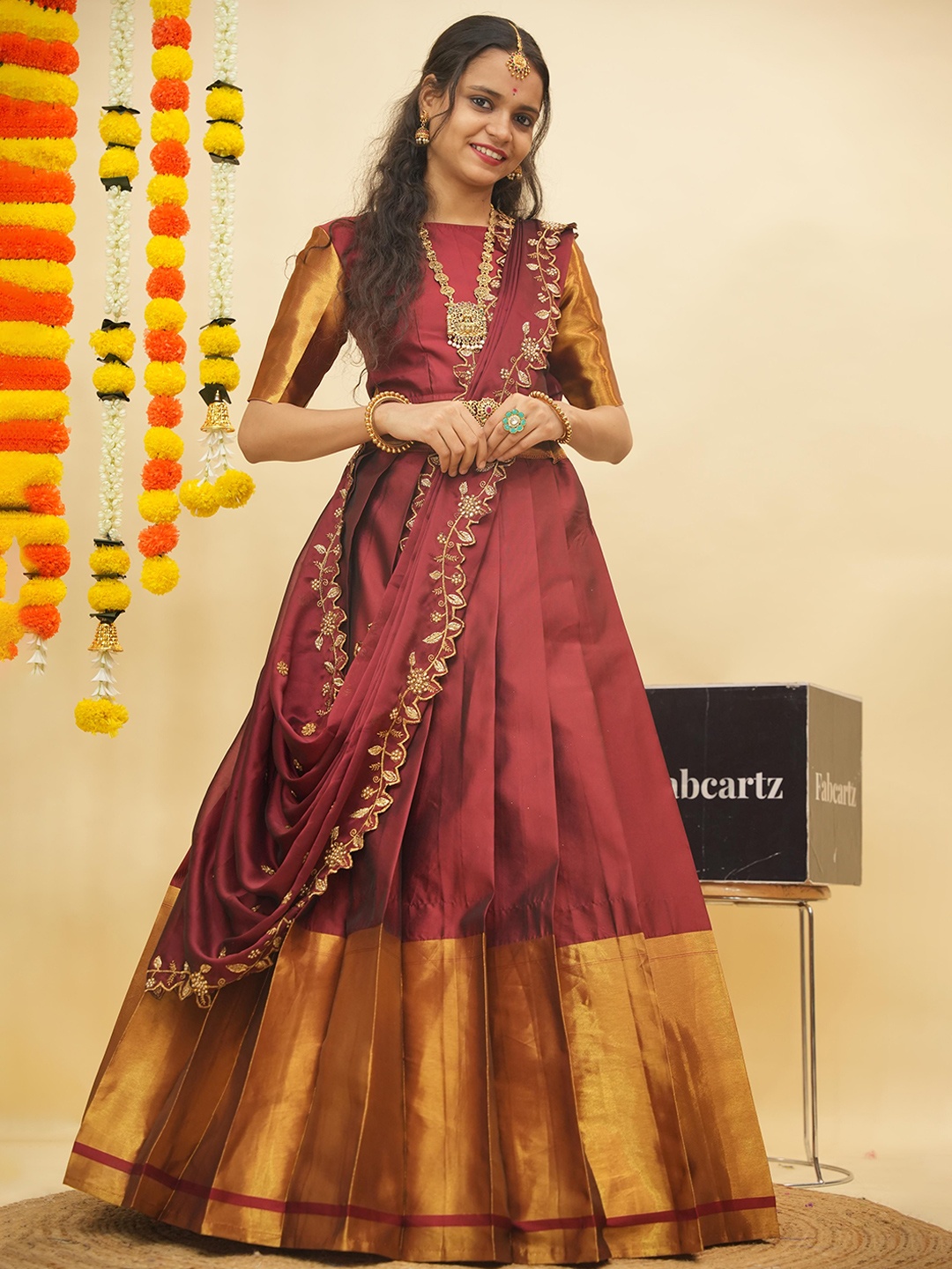 

Fabcartz Semi-Stitched Zari Lehenga & Unstitched Blouse With Dupatta, Maroon