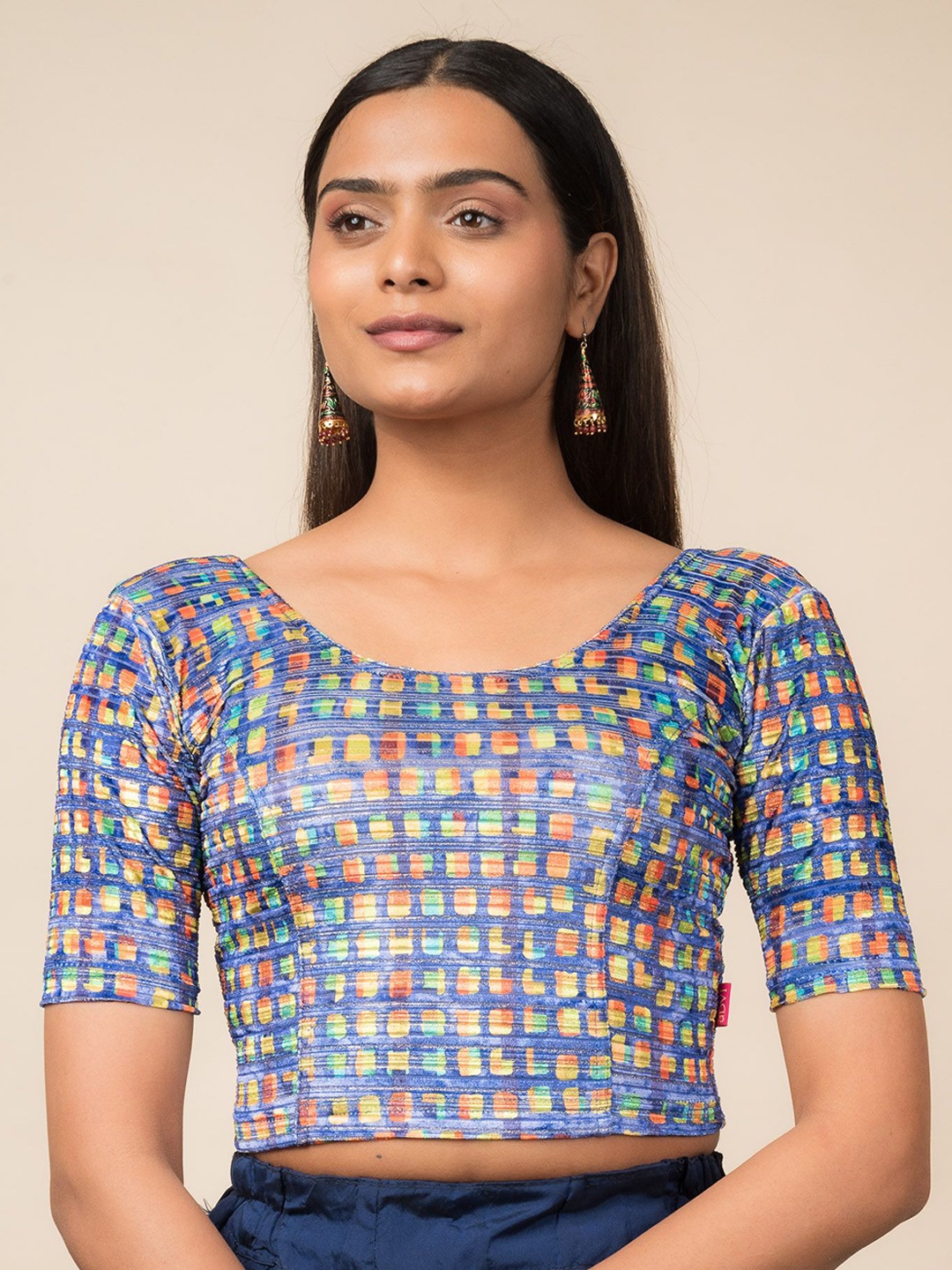 

Bindigasm's Advi Printed Velvet Zari Stripes Stretchable Slip On Saree Blouse, Blue