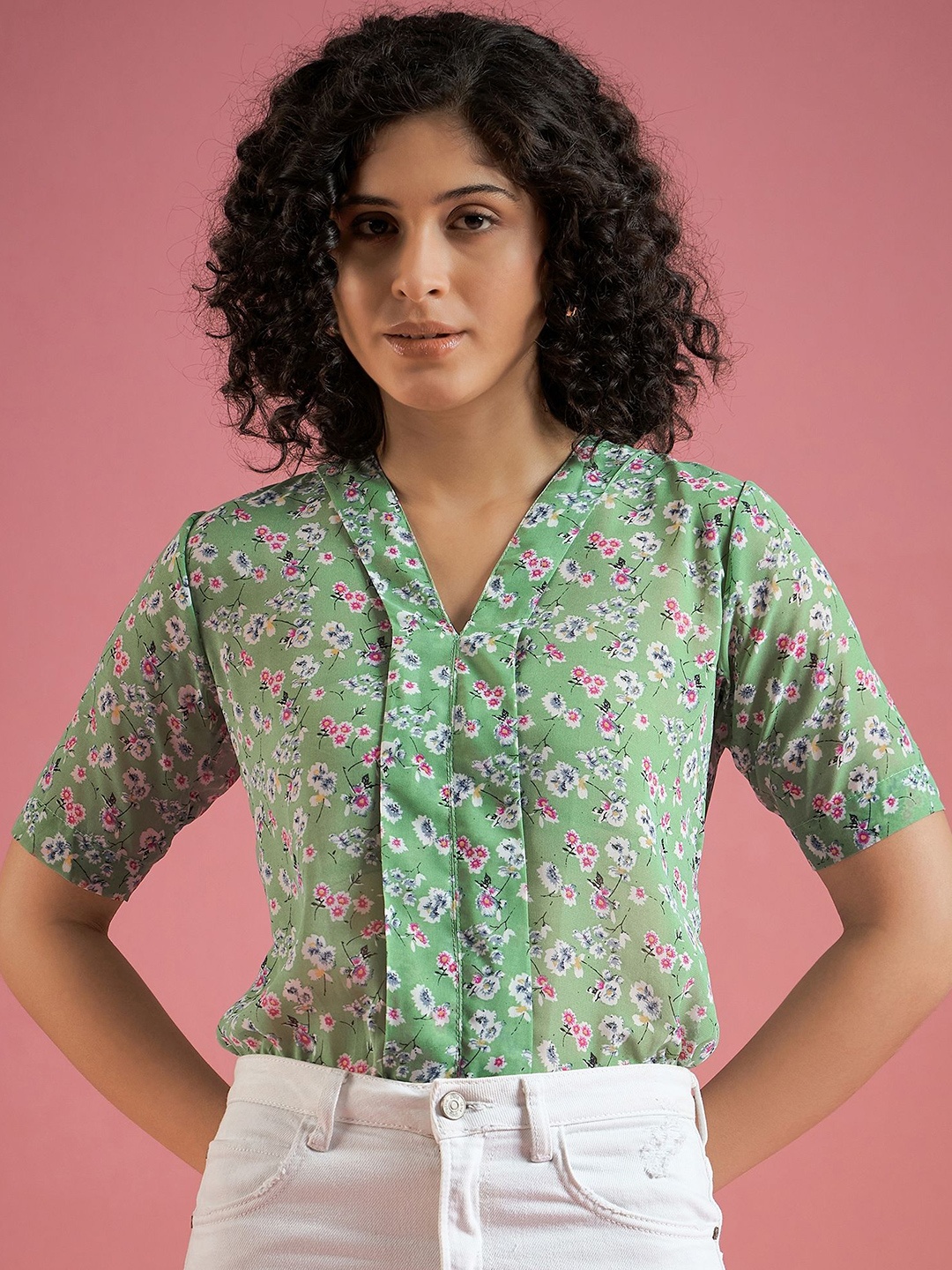 

DressBerry Women Floral Printed Shirt Style Top, Green