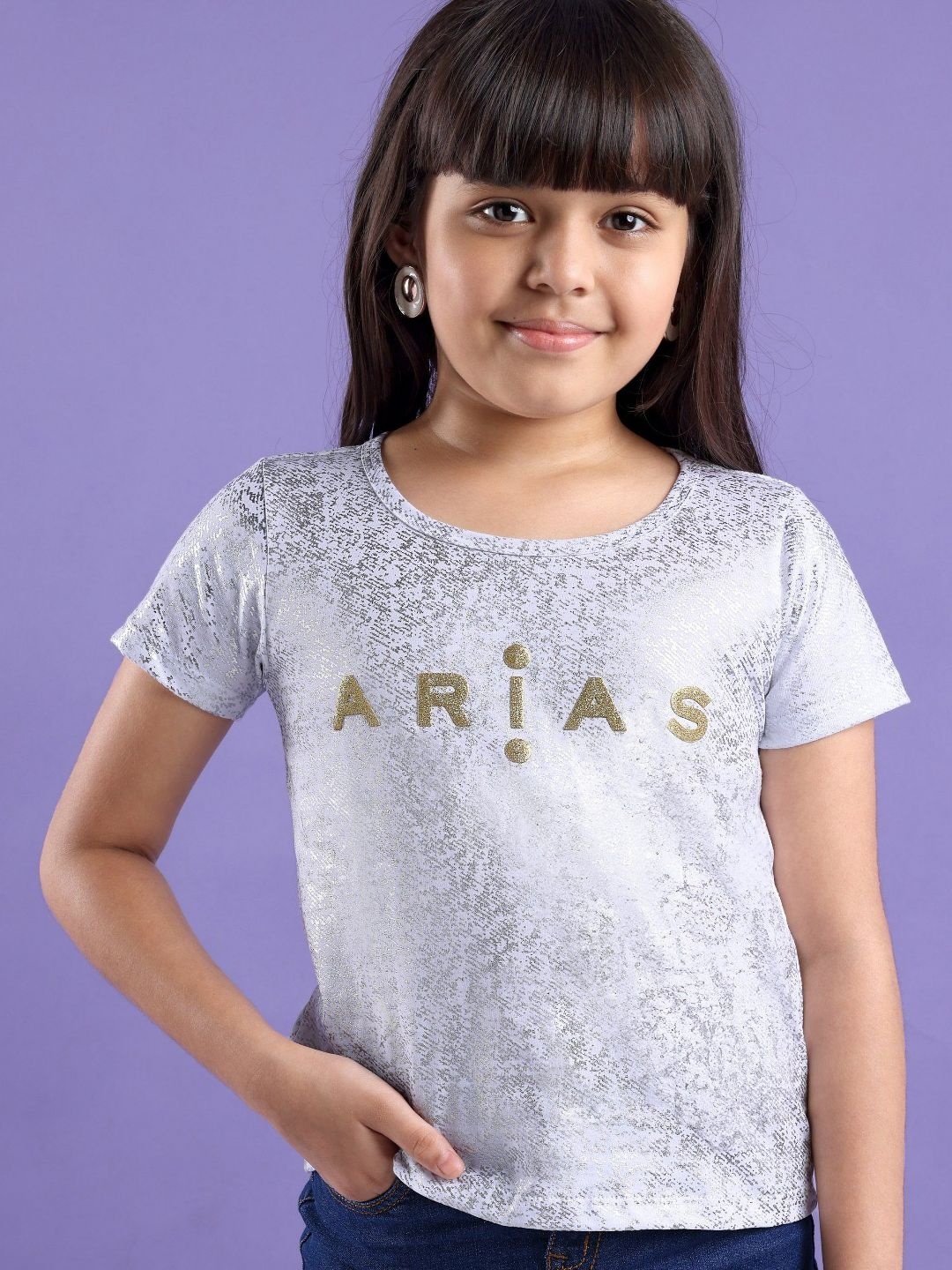 

ARIAS By LARA DUTTA Girls Biker Printed Applique T-shirt, Silver