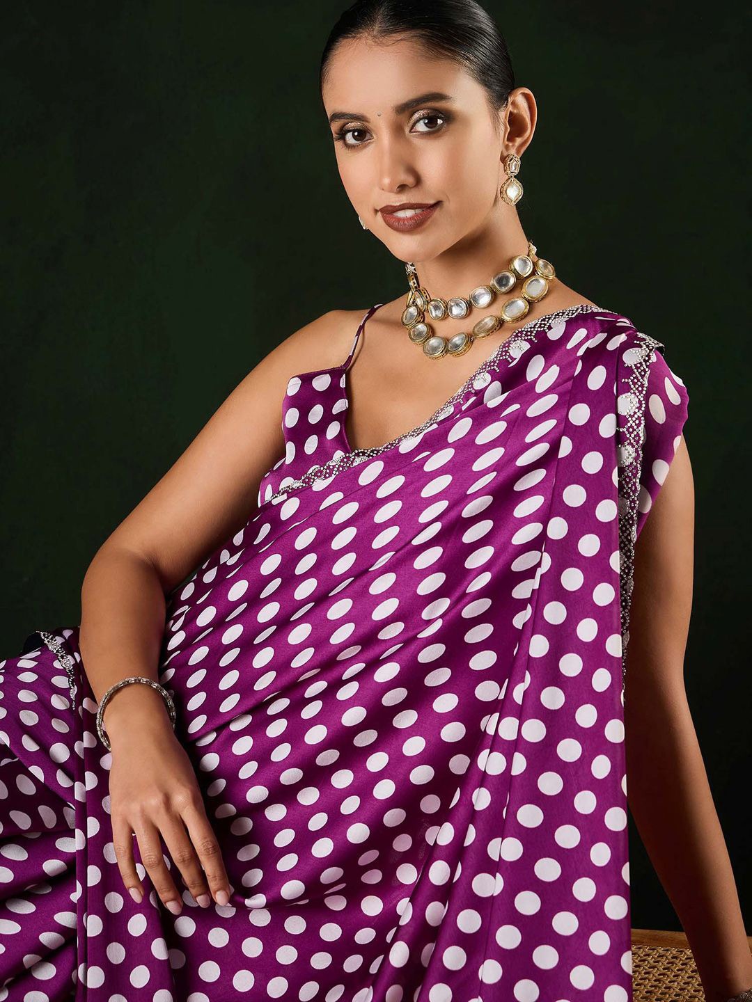 

Sangria Polka Dot Printed with Embellished Party Wear Saree, Magenta