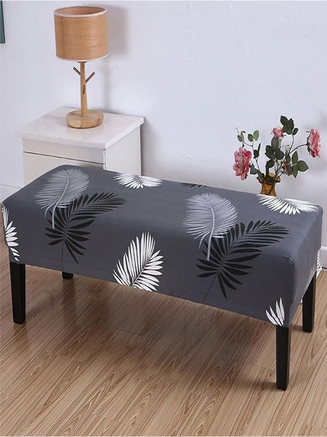 

HOUSE OF QUIRK Grey & White Stretchable Washable Elastic Slipcover Dining Bench Cover