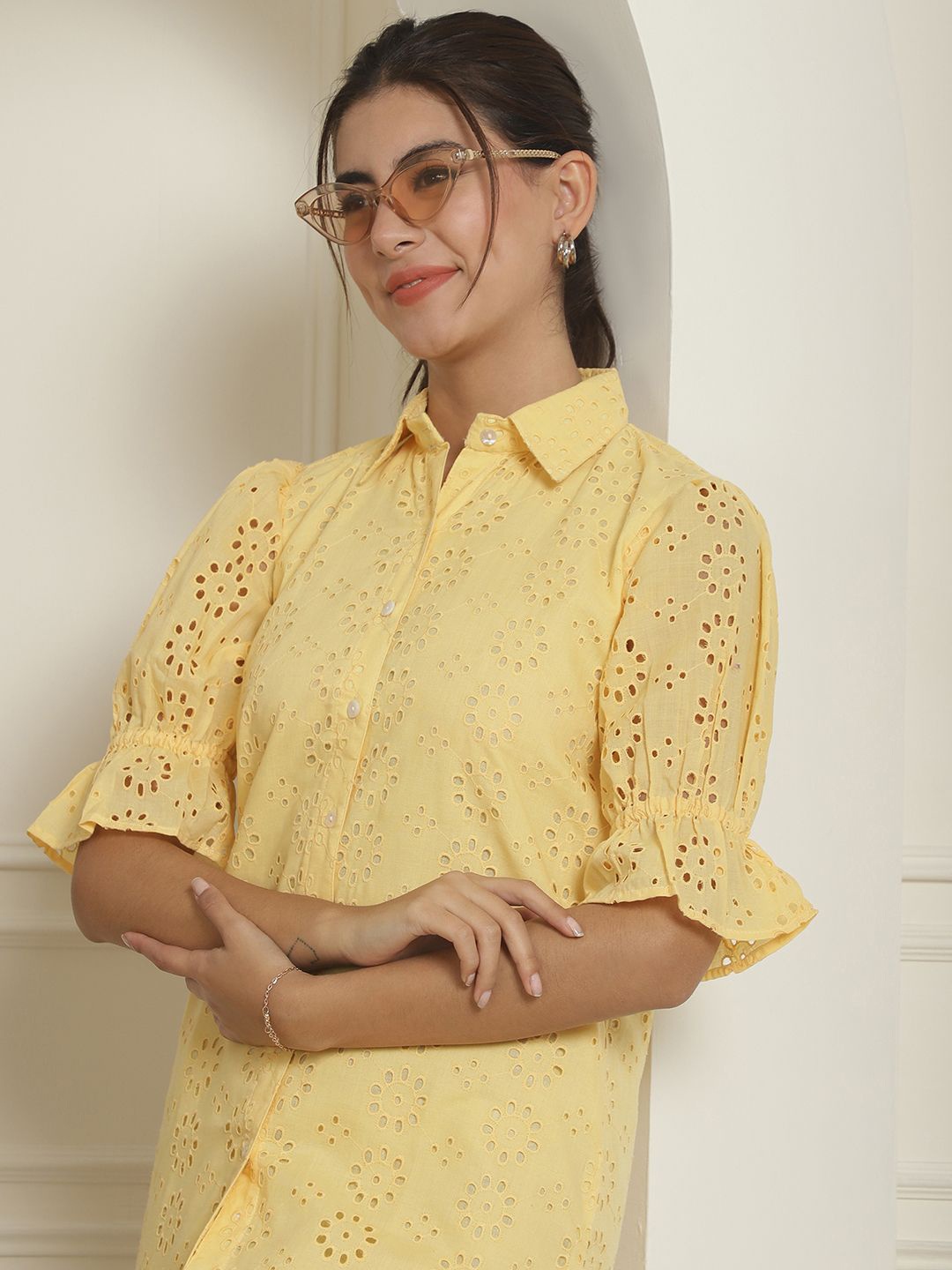 

JAINISH Floral Embroidered Puff Sleeve A-Line Shirt Collar Dress, Yellow