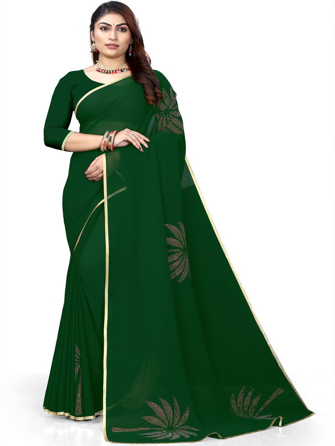 

Pemal Designer Women Beads and Stones Pure Georgette Saree, Green