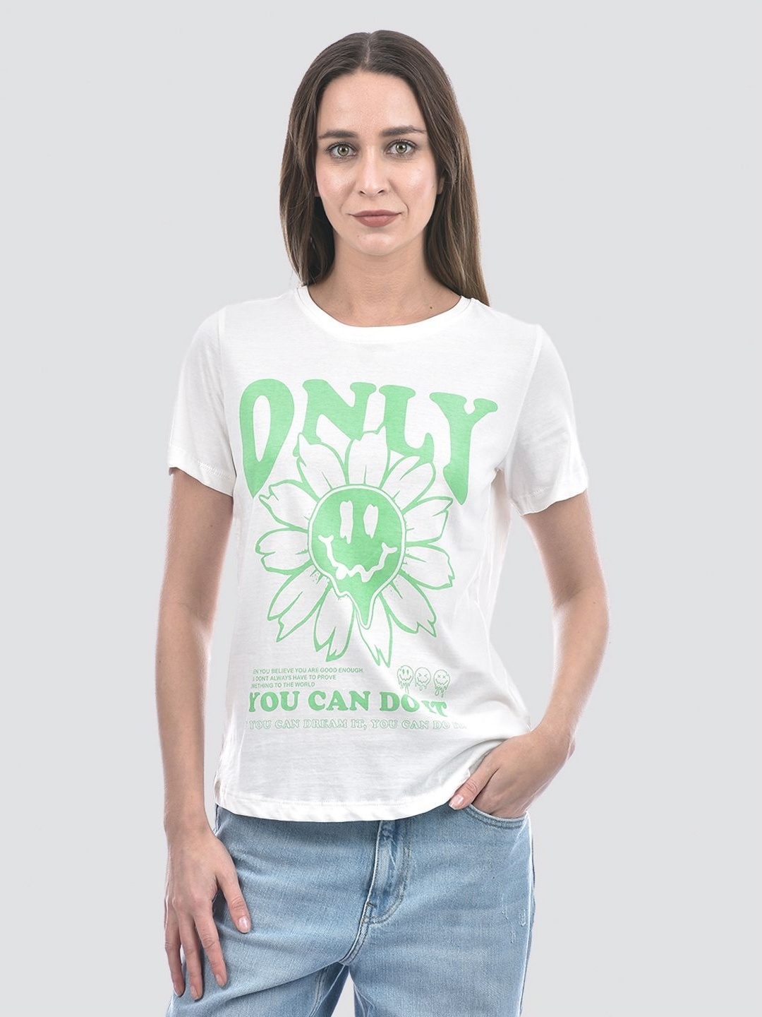 

ONLY Women Graphic Printed Round Neck Cotton T-shirt, White