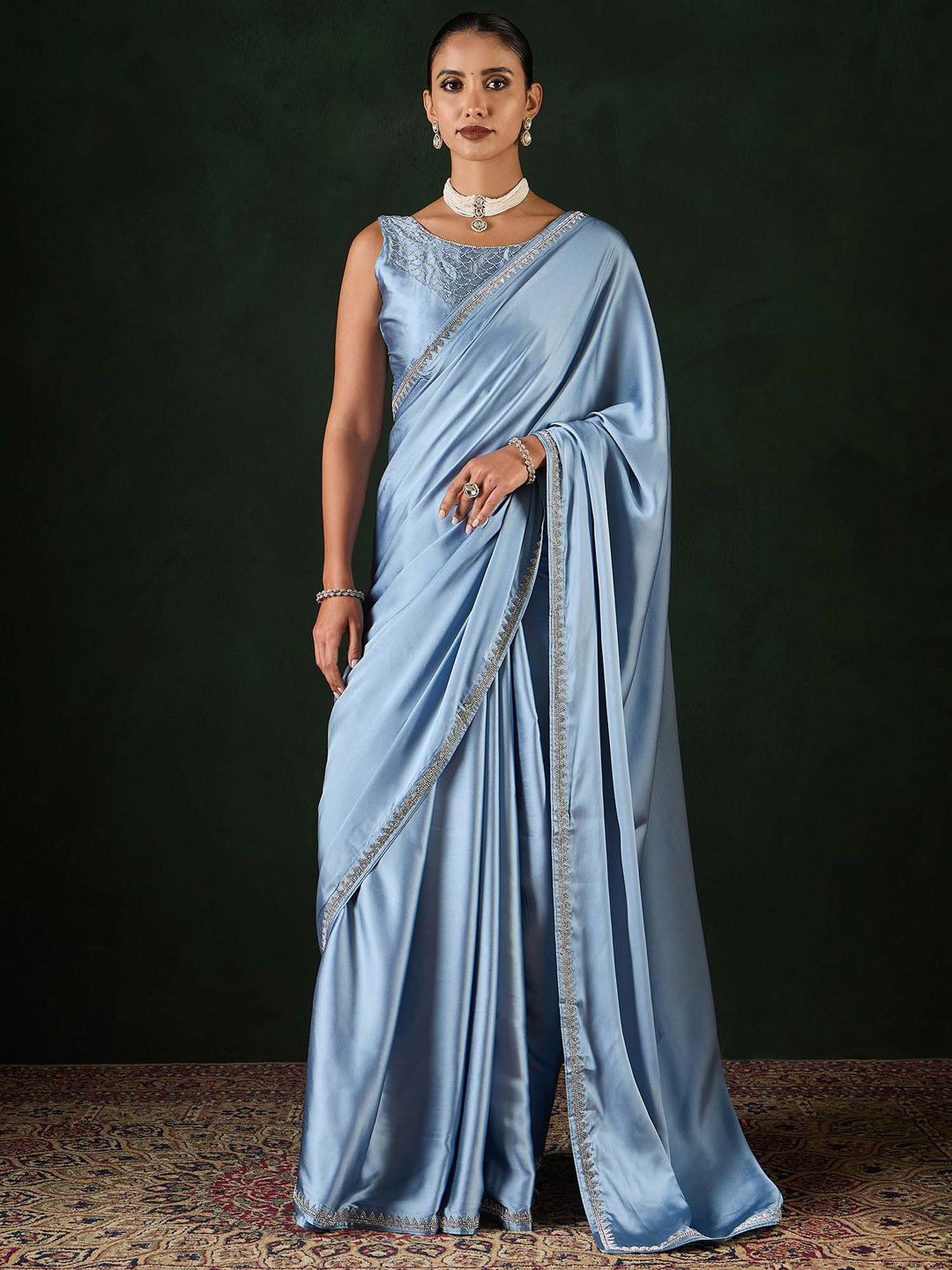 

Sangria Embellished Party Wear Saree With Unstitched Blouse, Blue