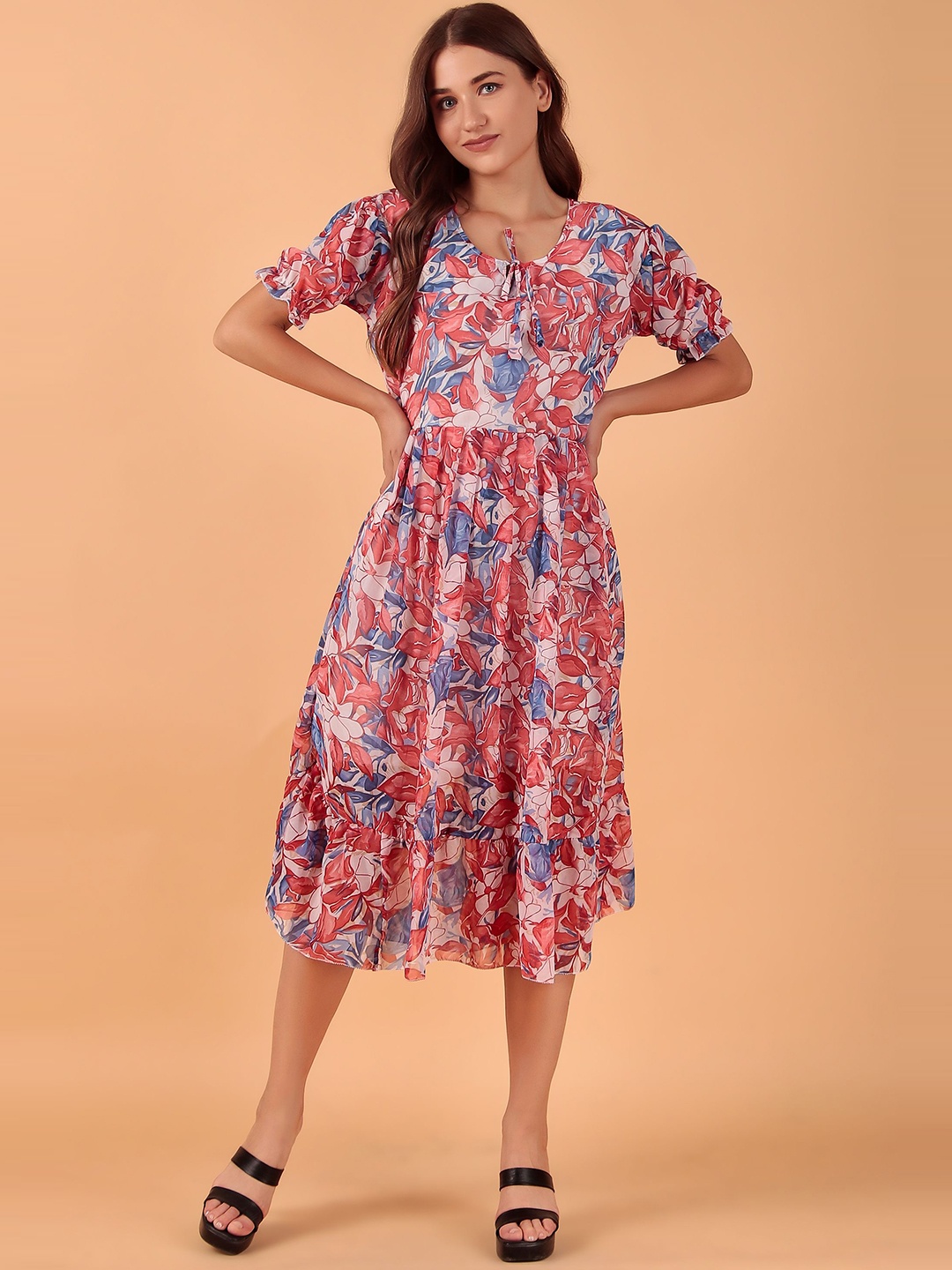 

KASHIAN Floral Print Puff Sleeve Georgette Fit & Flare Midi Dress, Red