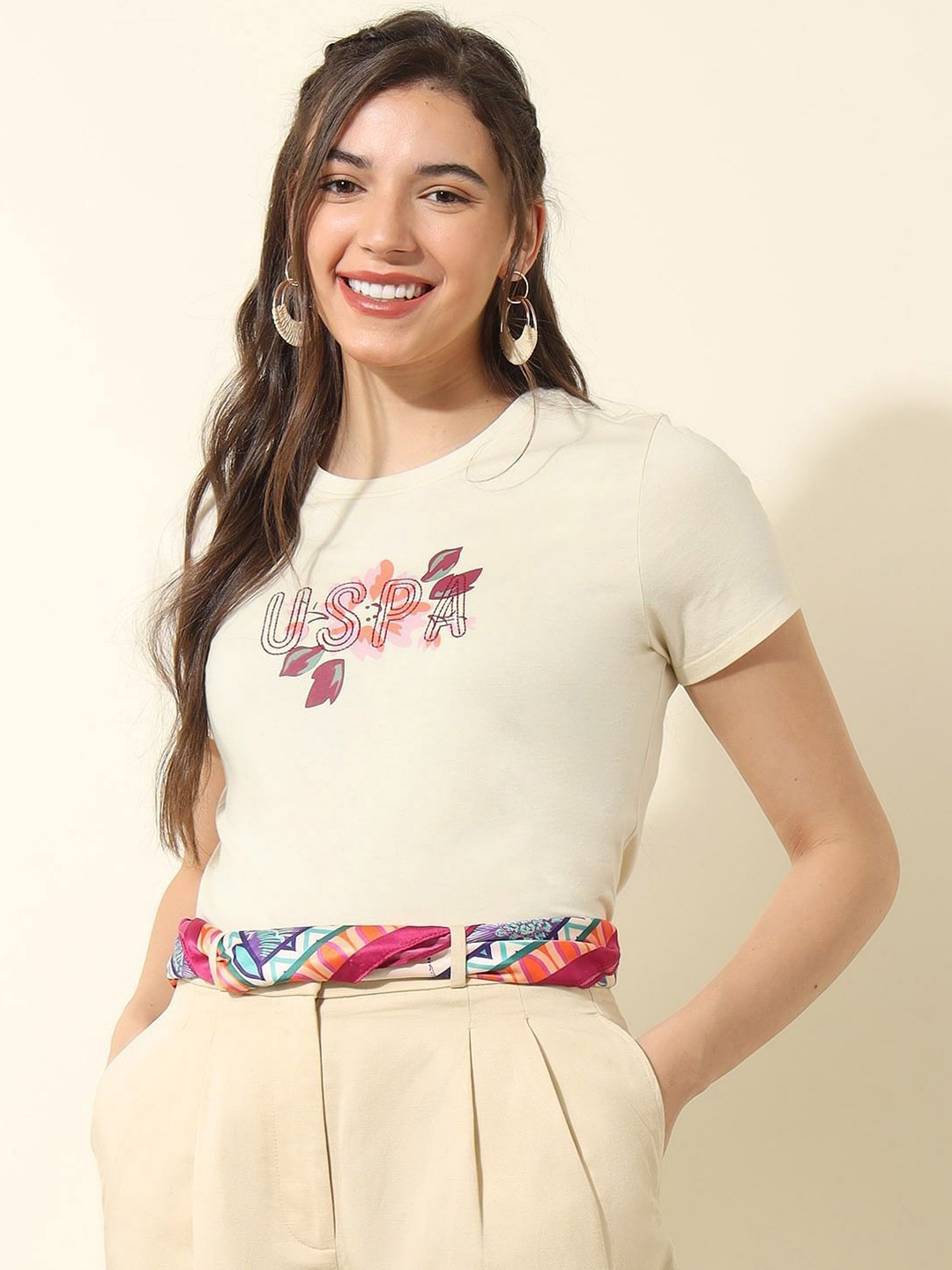 

U.S. Polo Assn. Women Floral Printed Round Neck Cotton T-shirt, Beige