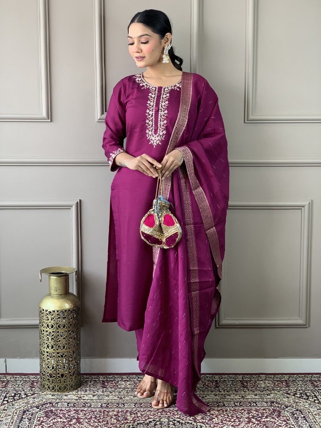 

choiceit Floral Embroidered Sequinned Chanderi Silk Kurta With Trouser And Dupatta, Purple