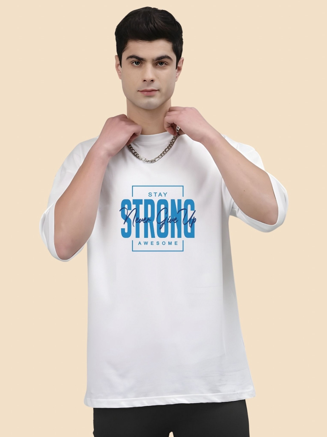 

SZN Men Typography Printed Round Neck Cotton Oversized T-shirt, White