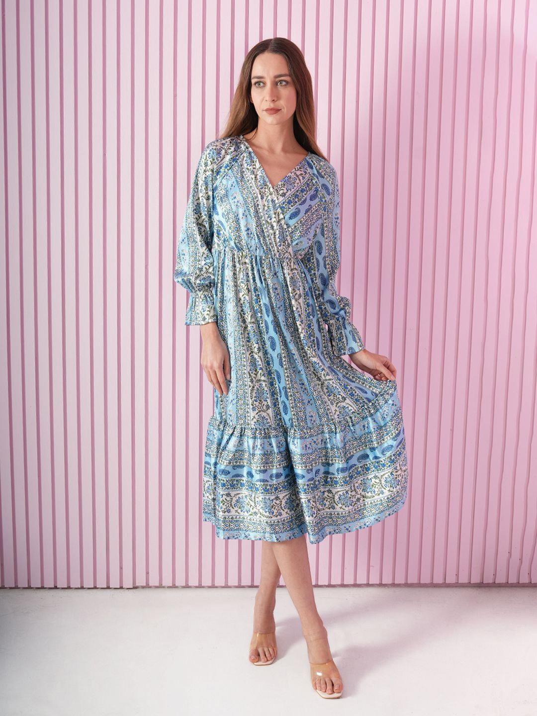 

ONLY Women Ethnic Motifs Printed Fit & Flare Midi Dress, Blue