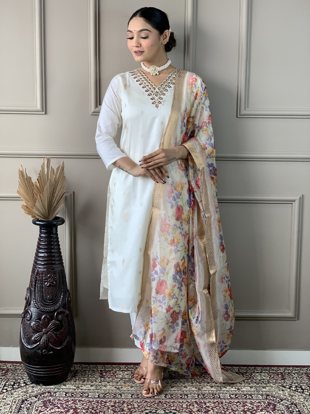

choiceit Floral Embroidered V-Neck A-Line Kurti With Pyjamas And Dupatta, White