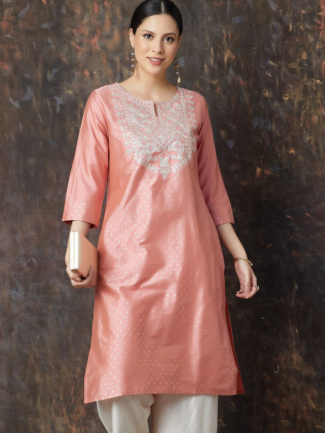 

Melange by Lifestyle Floral Embroidered Notch Neck A-Line Kurta, Peach