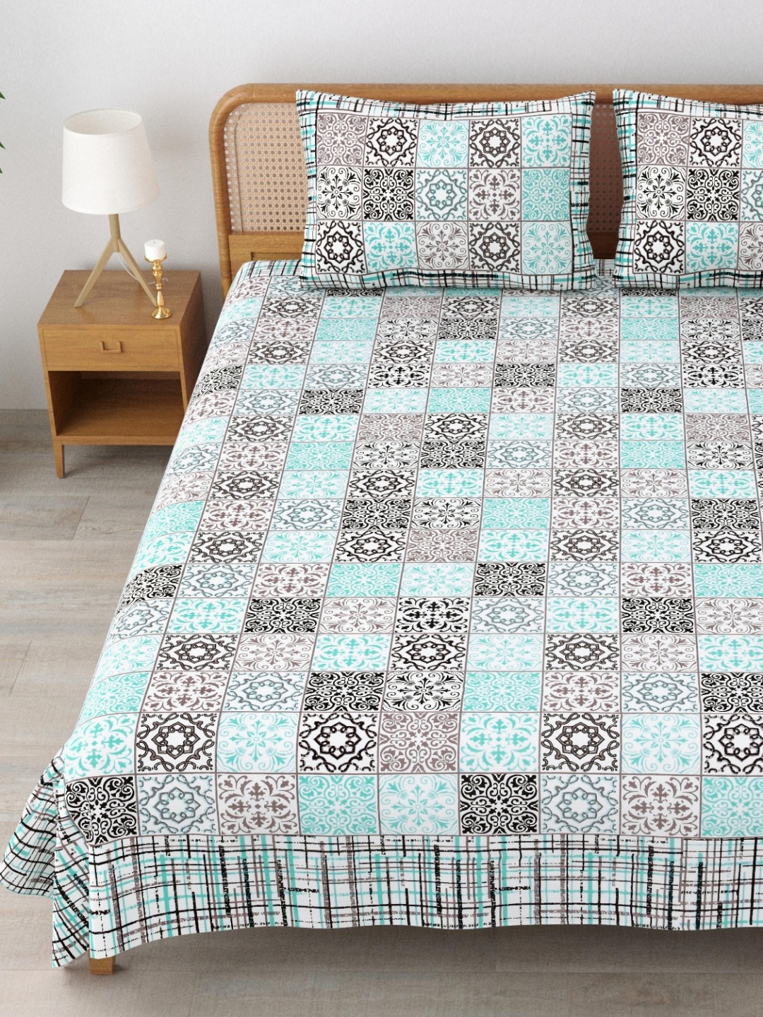 

MAFATLAL Sanskriti Sea Green & Black Printed 144TC Cotton King Bedsheet Sets 2.34m x 2.70m