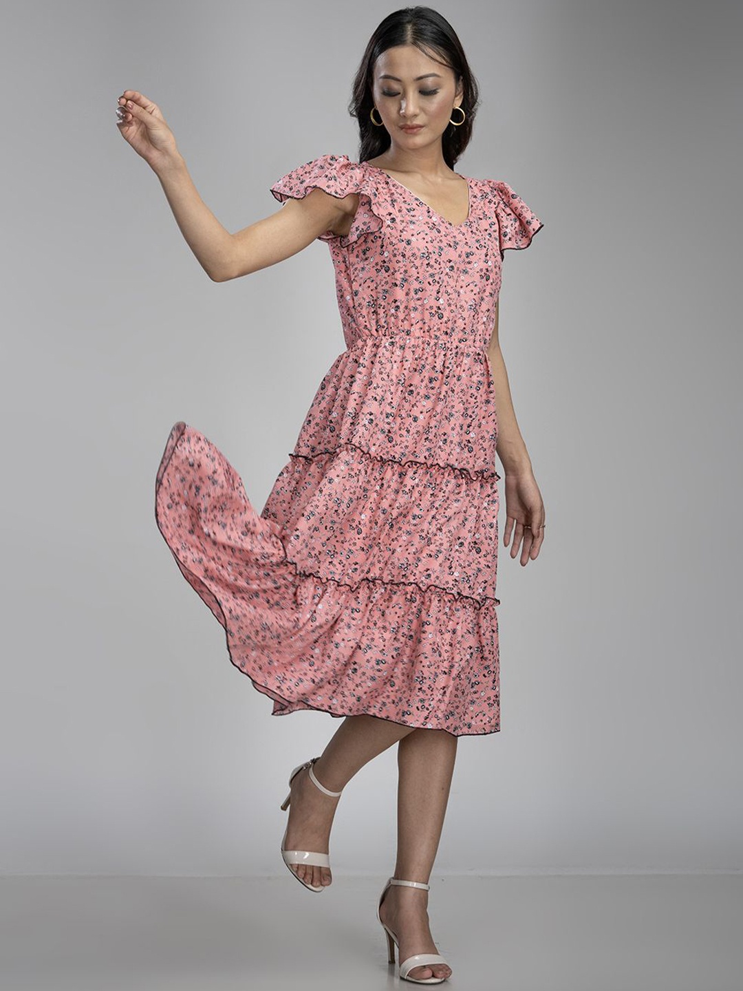 

KRISS-CROX Floral Print Flutter Sleeves Fit & Flare Dress, Pink