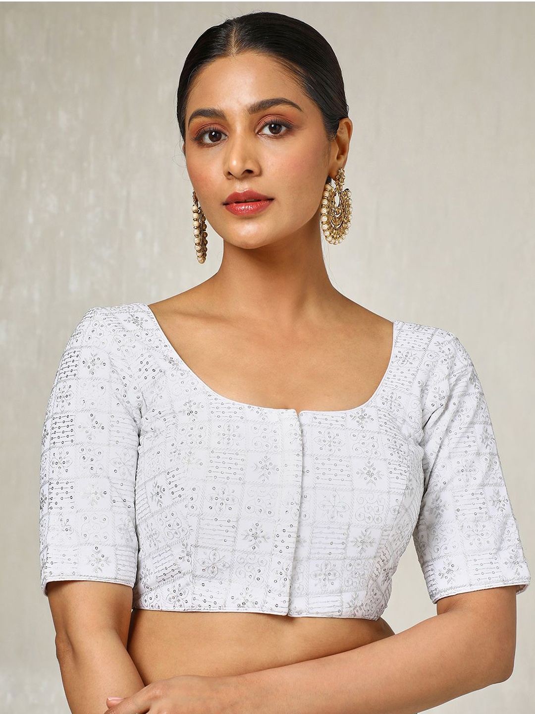 

Soch Embroidered Round Neck Padded Saree Blouse With Sequins, White
