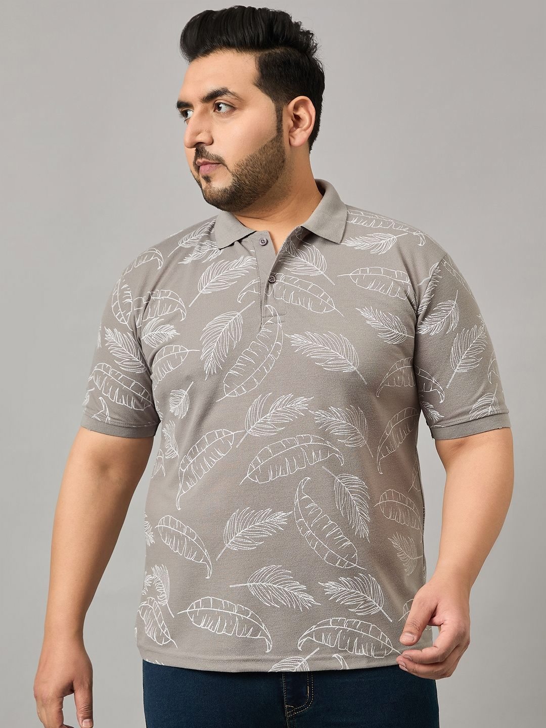

MXN Men Plus Size Floral Printed Polo Collar Cotton T-shirt, Grey