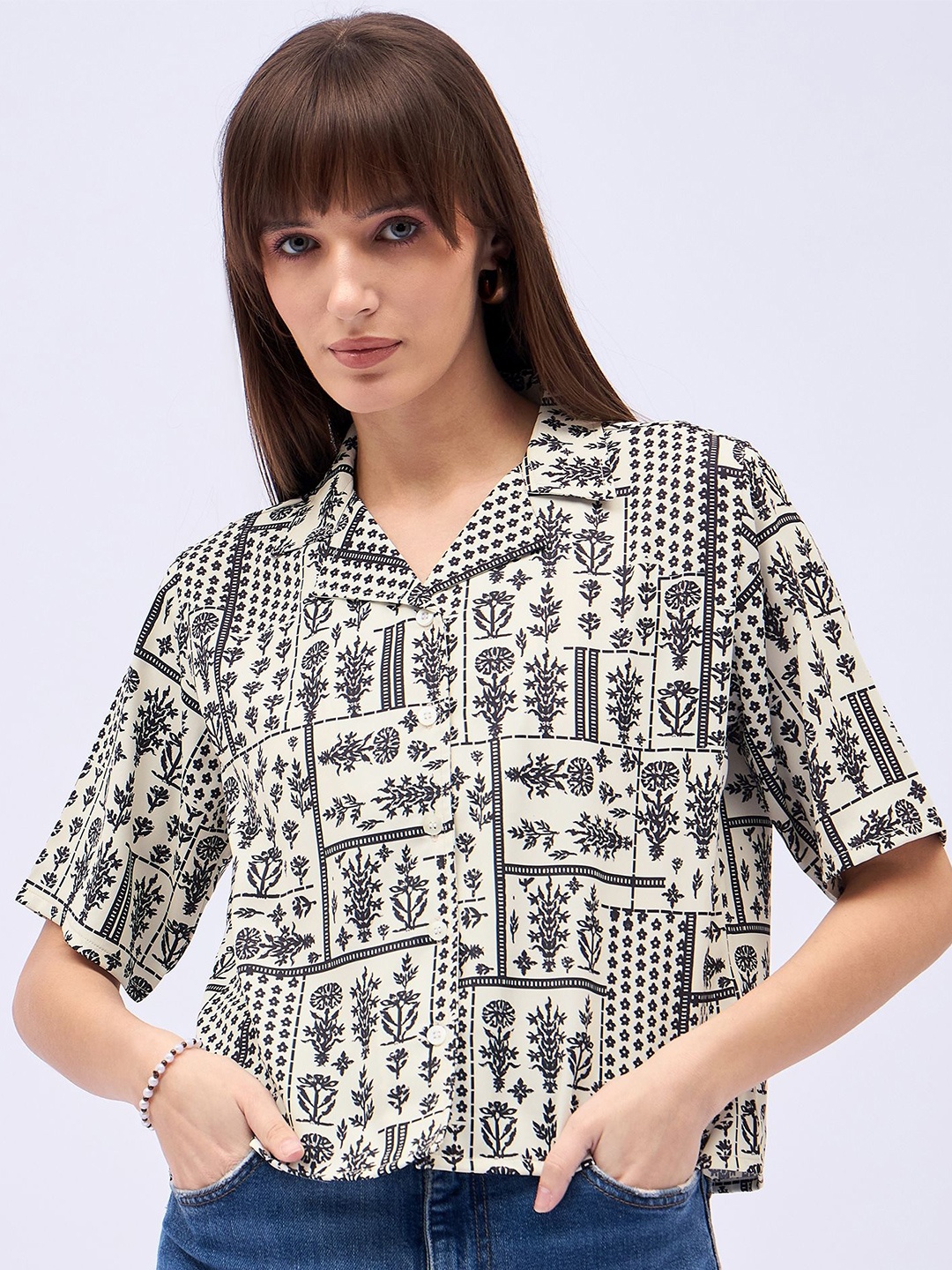 

DressBerry Women Floral Printed Shirt Style Top, Cream