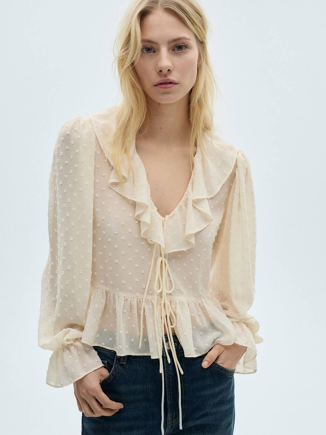 

MANGO Tie-Up Neck Dobby Weave Ruffles Top, Cream