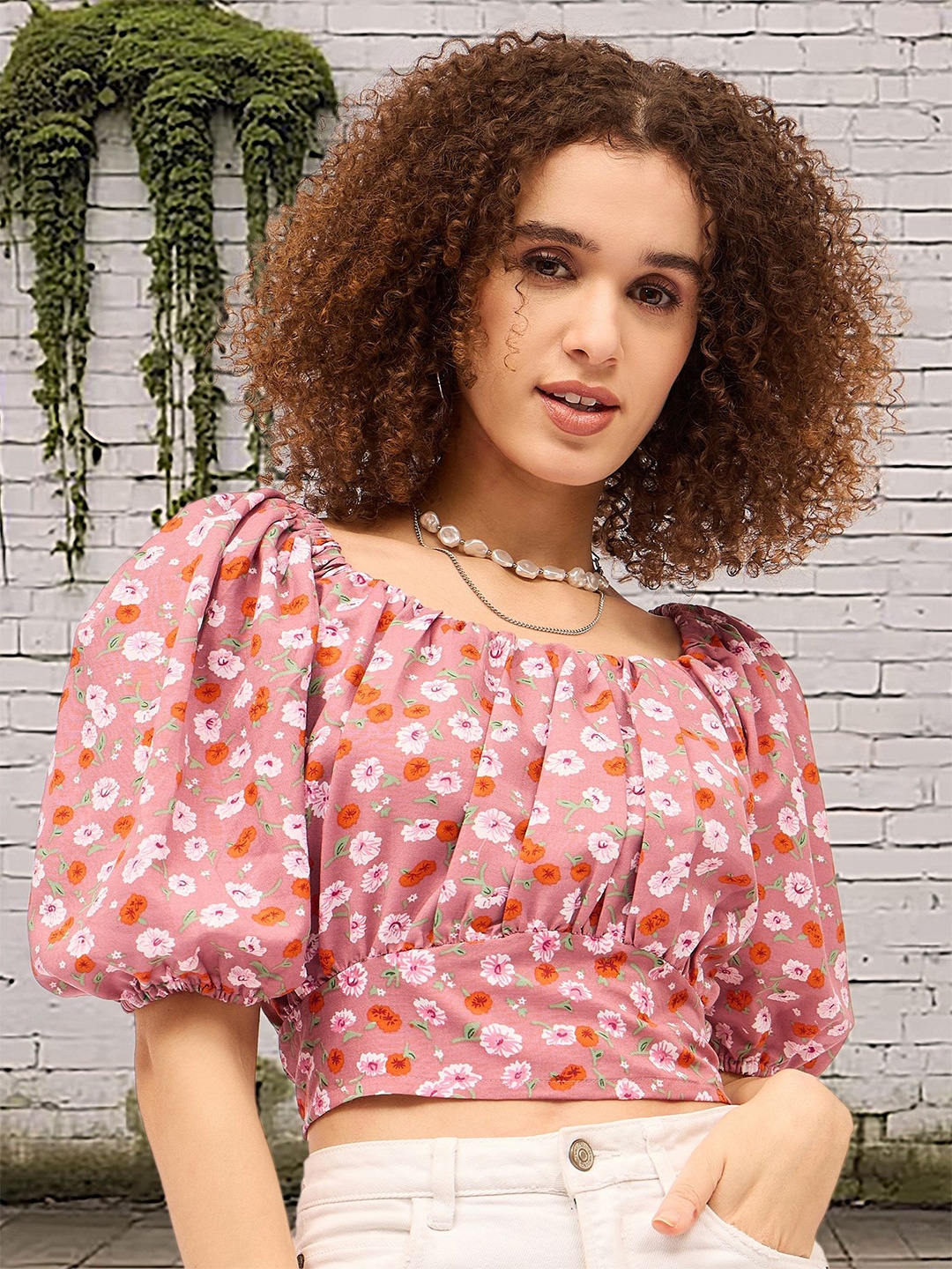 

DressBerry Women Floral Printed Puff Sleeve Cotton Blouson Top, Pink