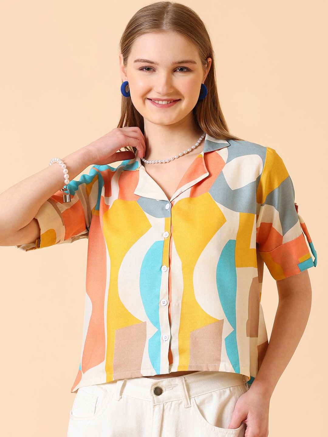 

CORSICA Women Printed Cotton Shirt Style Top, White