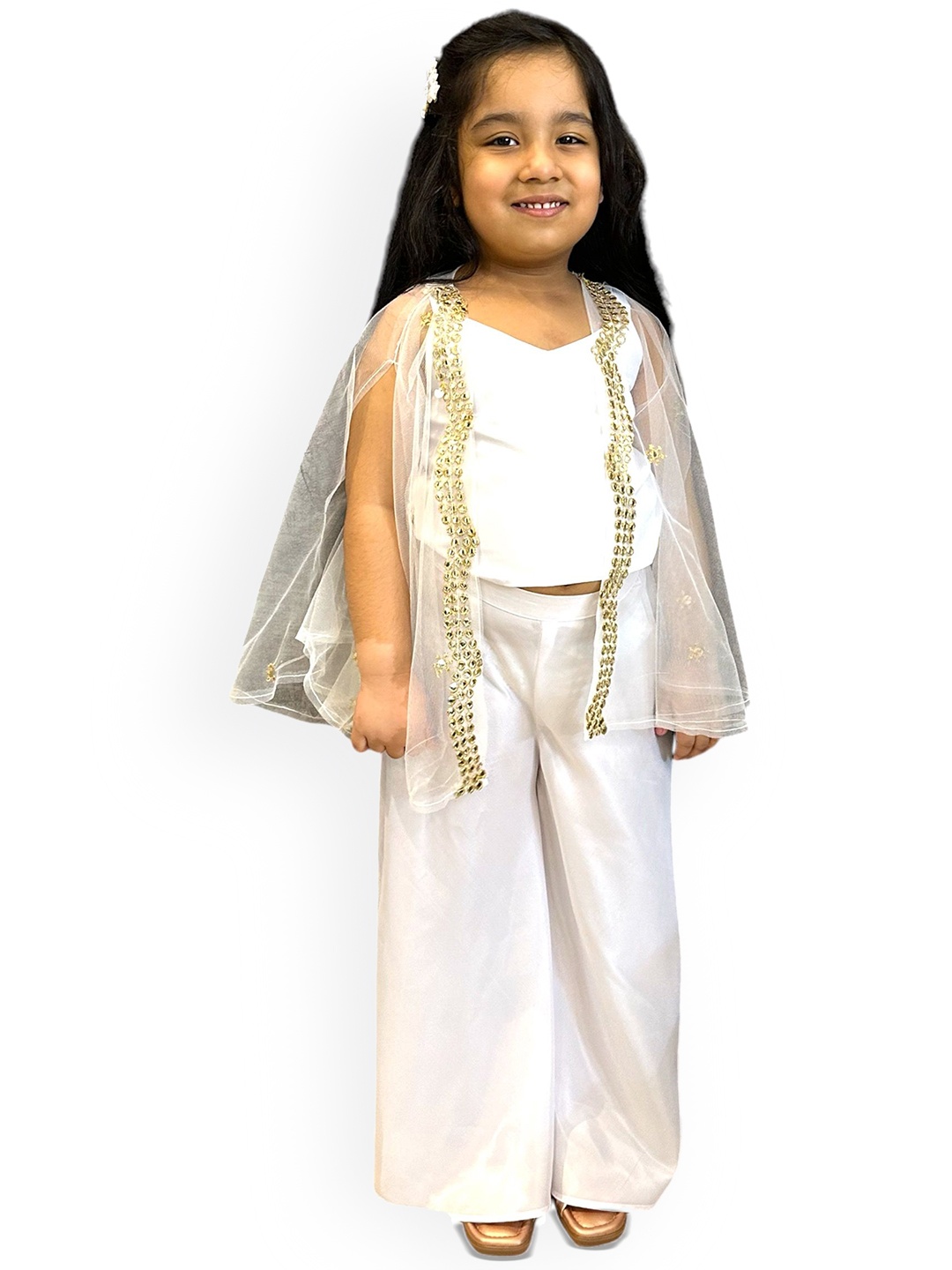 

Samsara Couture Girls V-Neck Top With Palazzo And Shrug, White