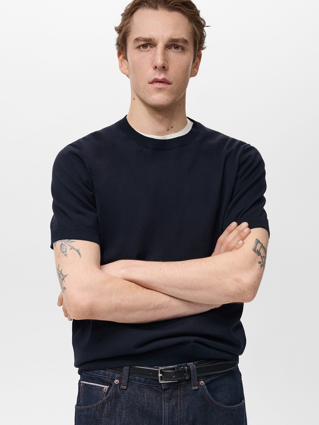 

MANGO MAN Pure Cotton Knitted T-shirt, Navy blue