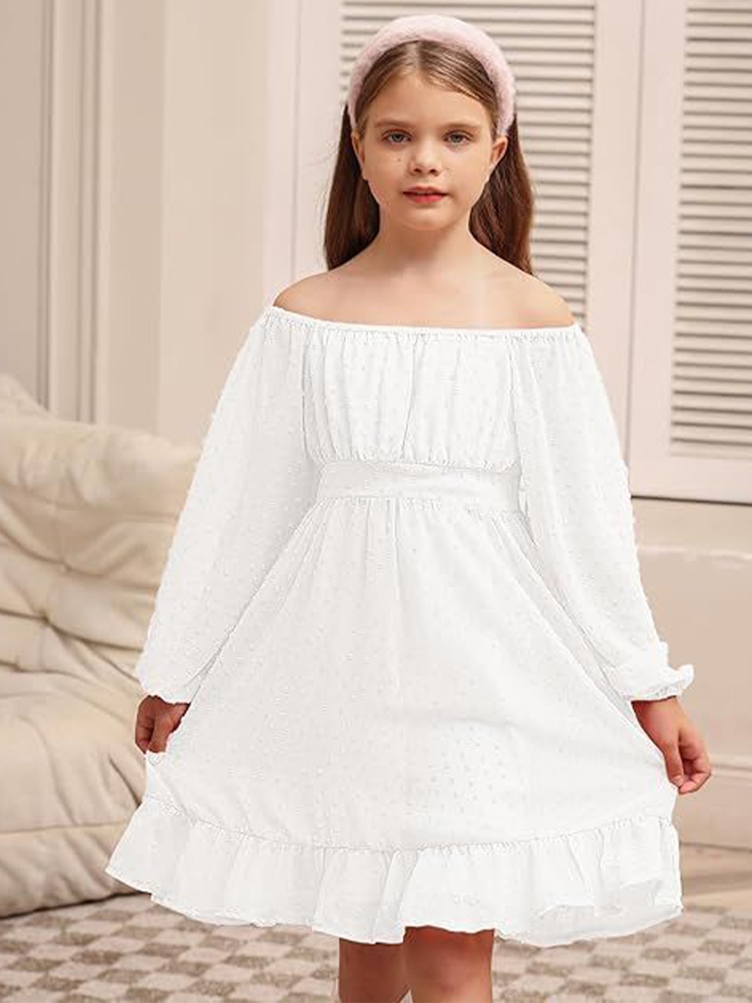 

R Cube Bell Sleeve Georgette Fit & Flare Midi Dress, White