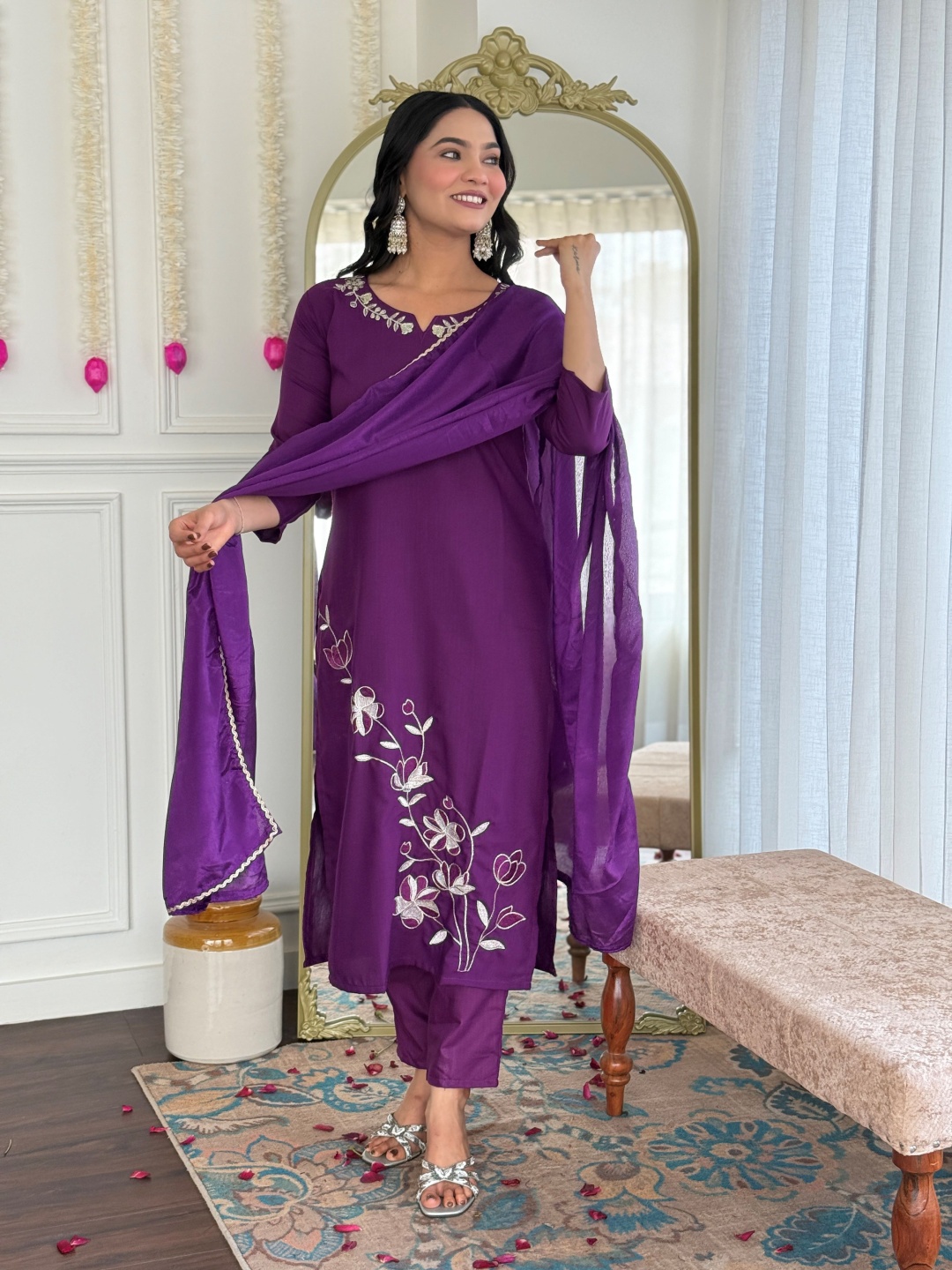 

KALINI Floral Embroidered Notch Neck Straight Kurta With Trousers And Dupatta, Purple