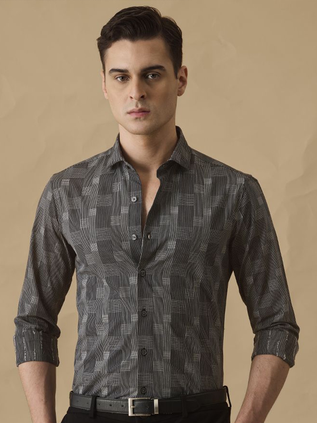 

Snitch Men Classic Slim Fit Opaque Checked Casual Shirt, Black