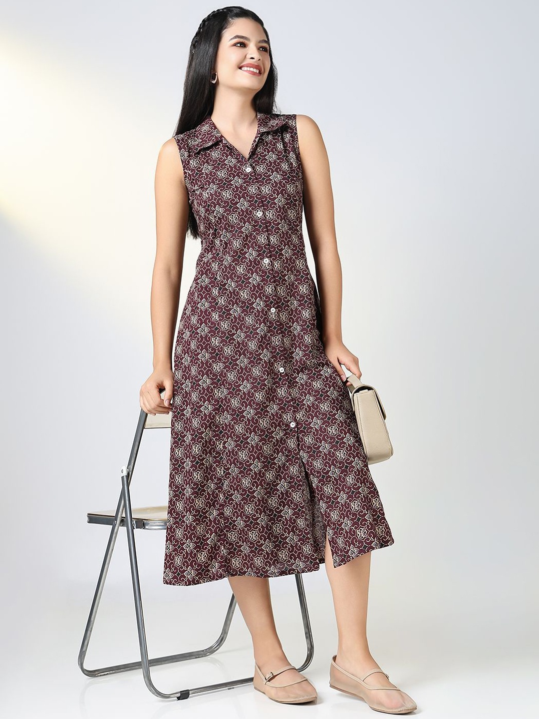 

SHOWOFF Floral Print Shirt Midi Dress, Maroon