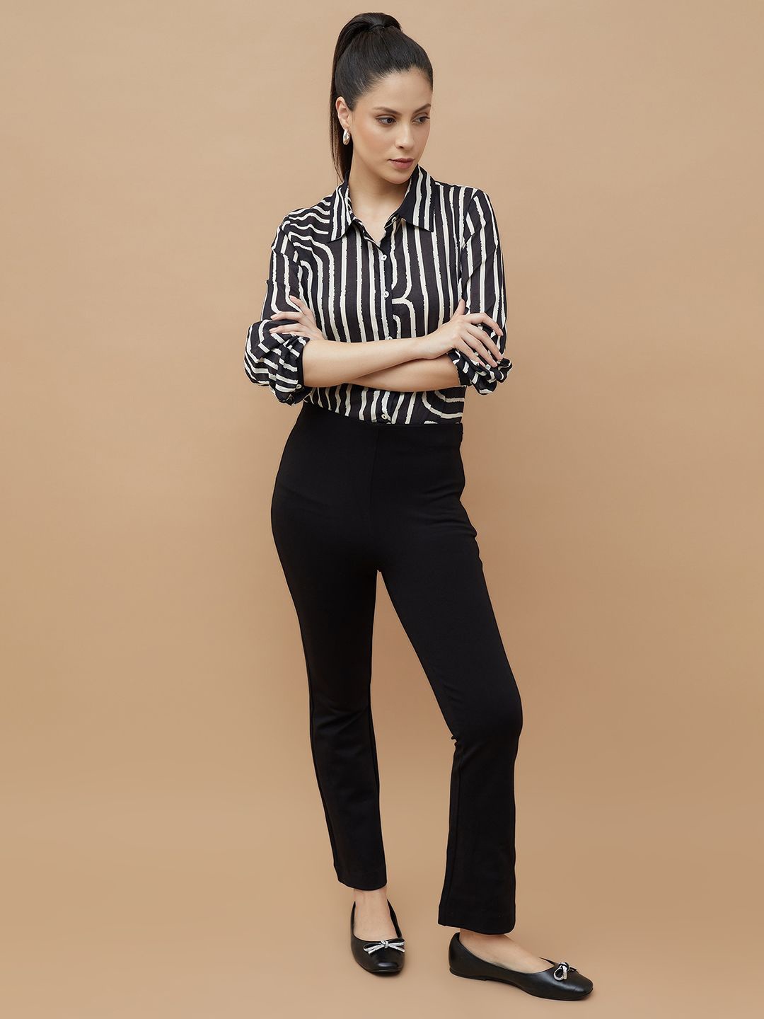 

CODE by Lifestyle Women Spread Collar Vertical Striped Cotton Casual Shirt, Black