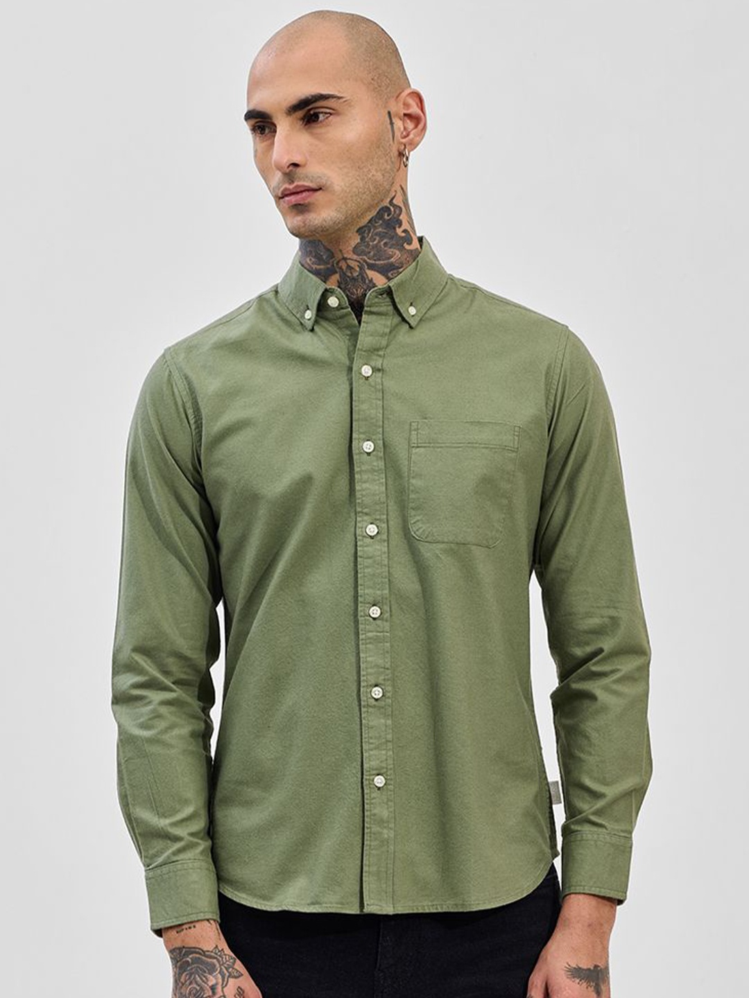 

Snitch Men Classic Fit Button-Down Collar Solid Cotton Formal Shirt, Olive