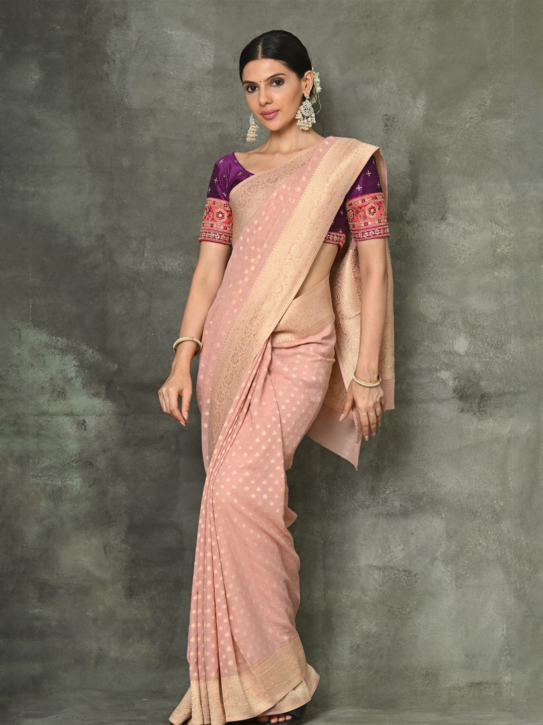 

NITARAA Woven Design Zari Pure Georgette Khadi Saree, Pink