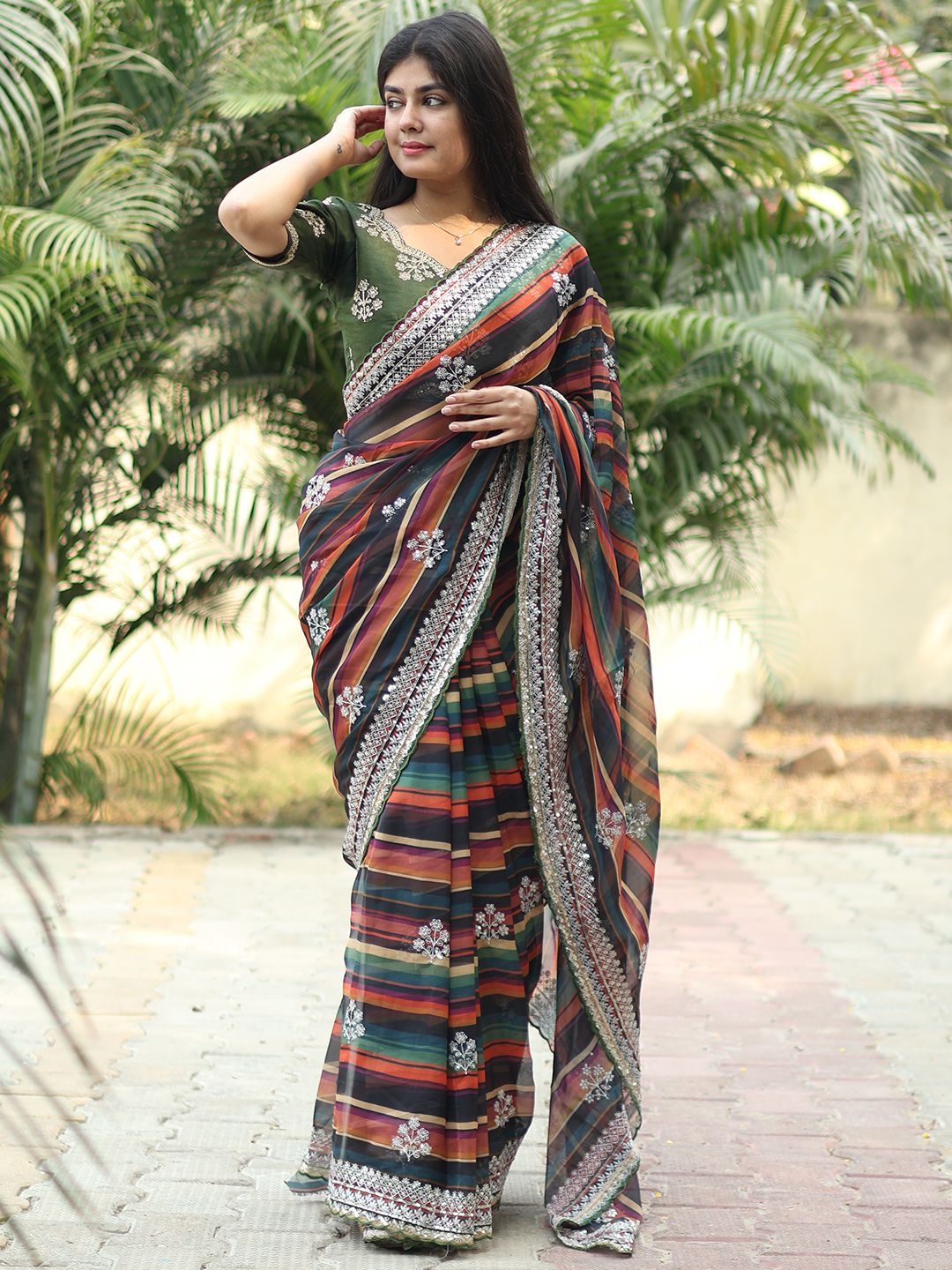 

LeeliPeeri Designer Striped Sequinned Organza Saree, Green