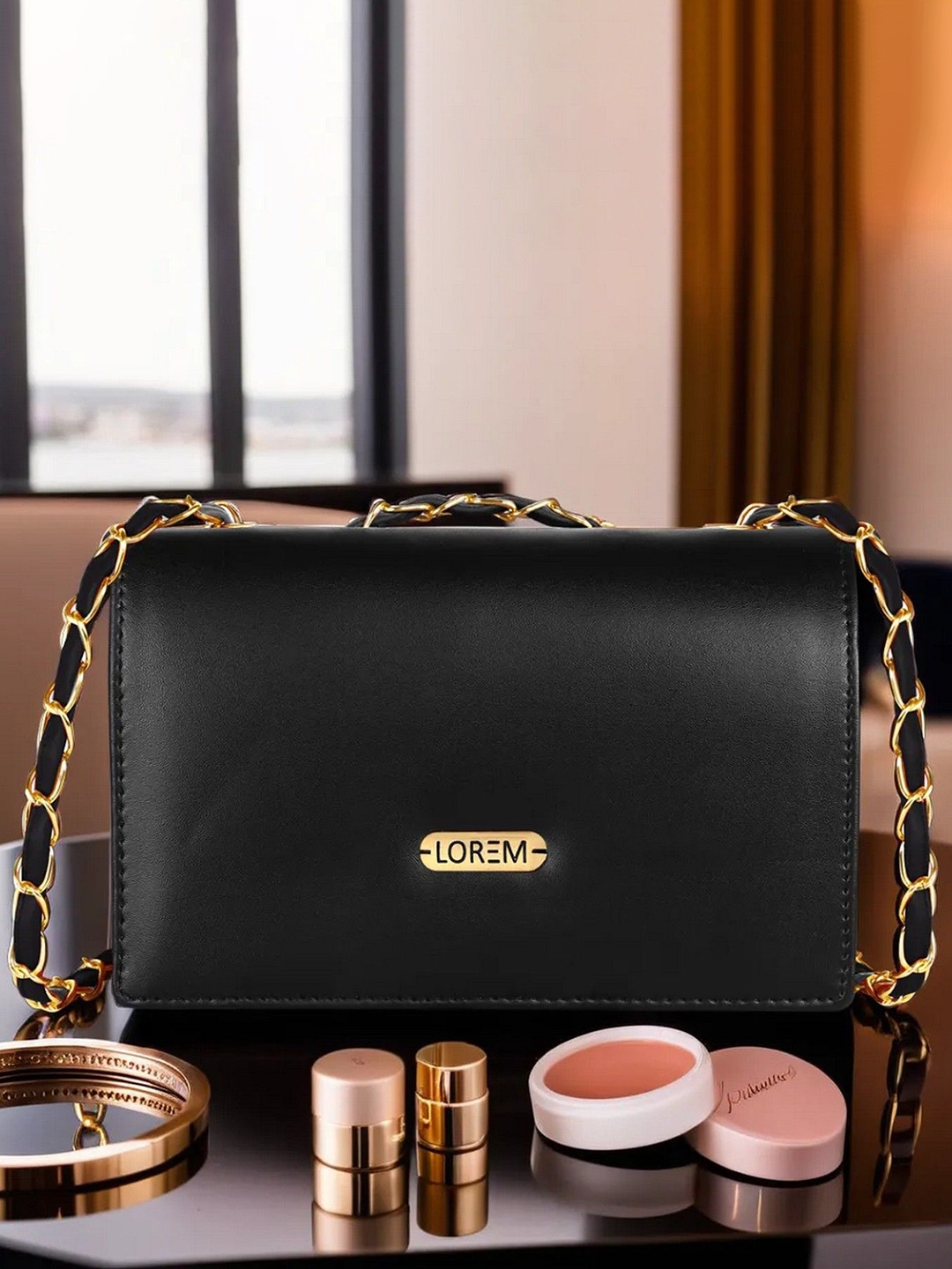 

LOREM Women Solid Structured Leather Sling Bag, Black