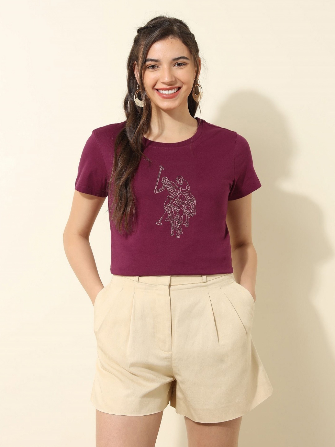 

U.S. Polo Assn. Women Women Printed Pure Cotton Applique T-shirt, Burgundy