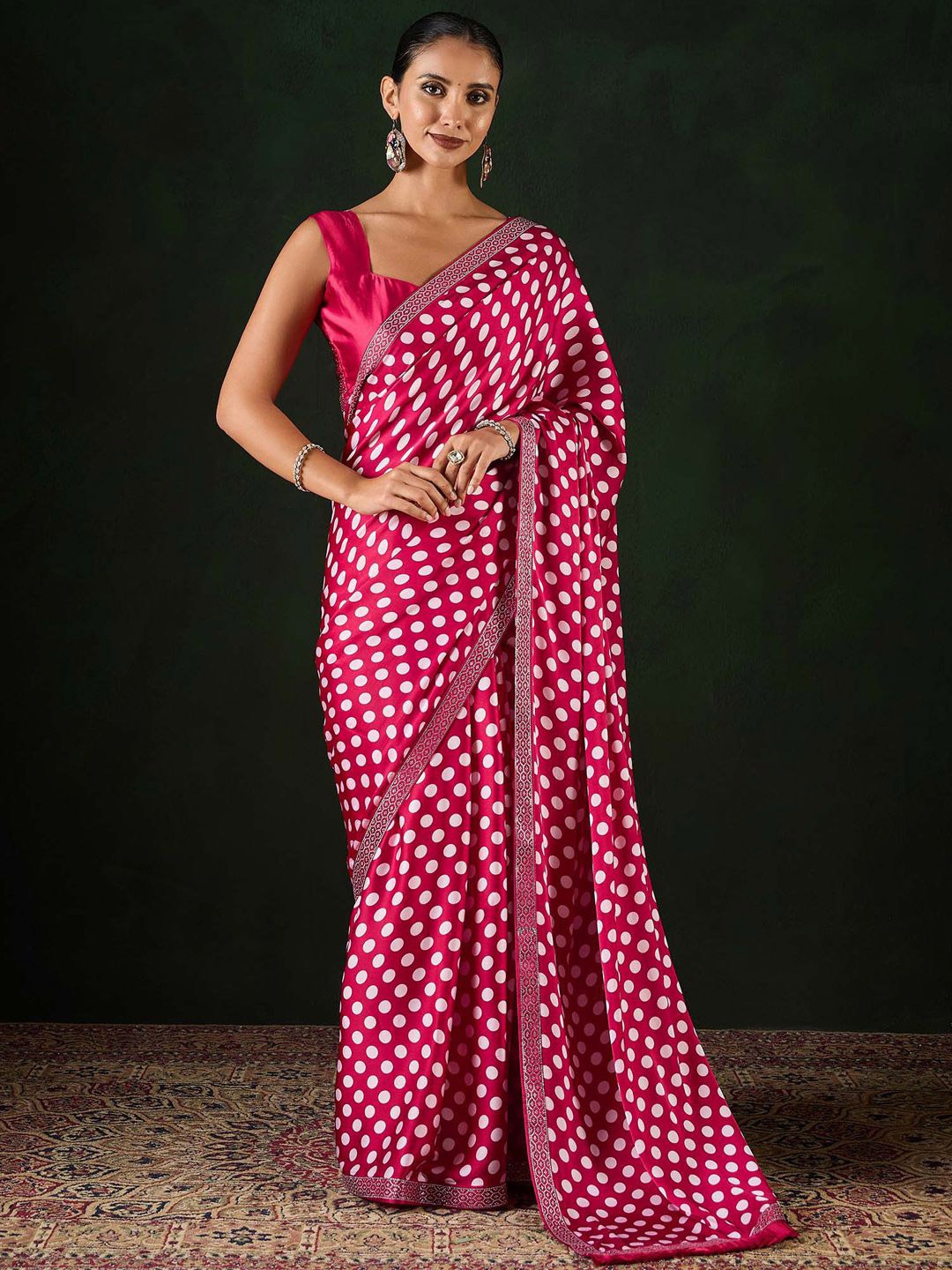 

Sangria Polka Dot Printed with Embellished Party Wear Saree With Unstitched Blouse, Pink