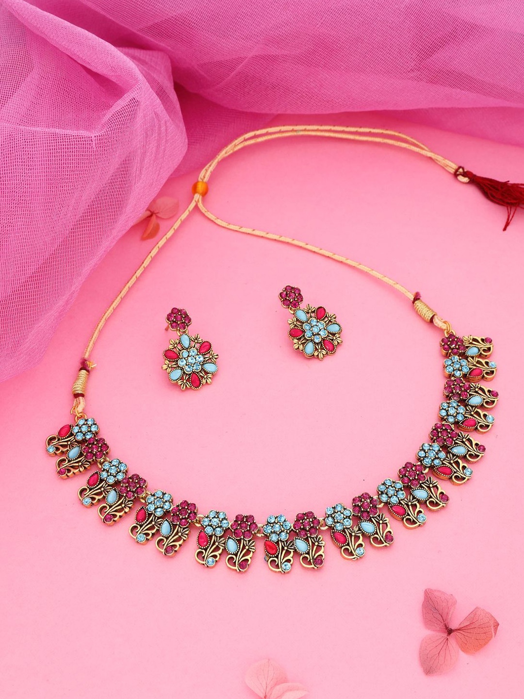 

DIVASTRI Gold & Silver-Plated American Diamond-Studded Jewellary Set