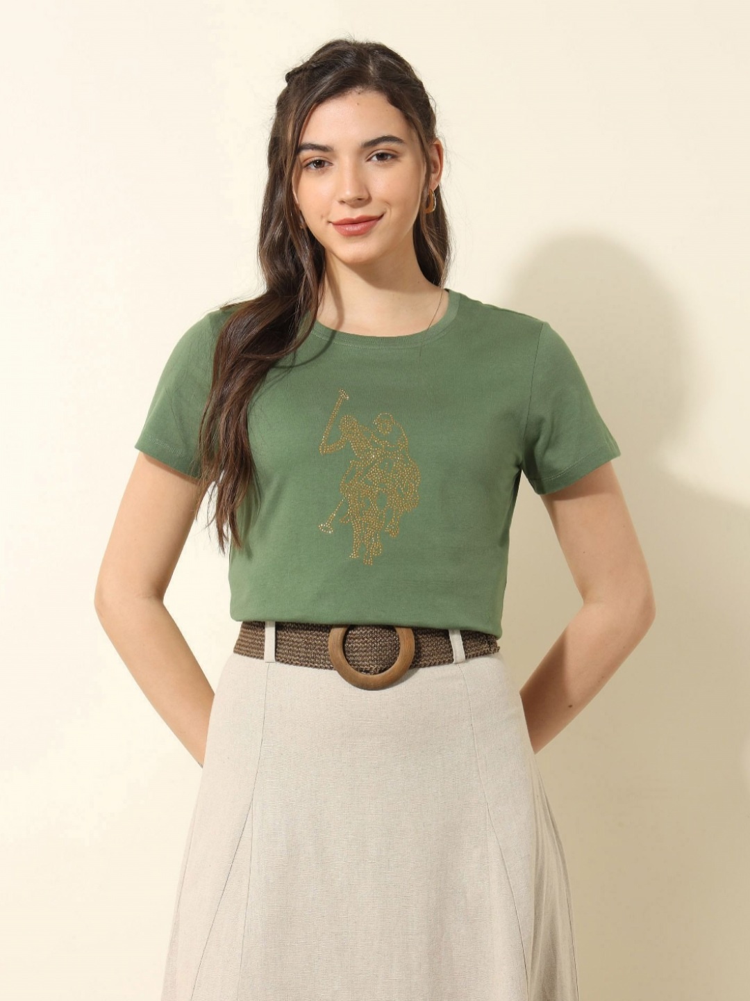 

U.S. Polo Assn. Women Women Floral Printed Extended Sleeves Pure Cotton Applique T-shirt, Green