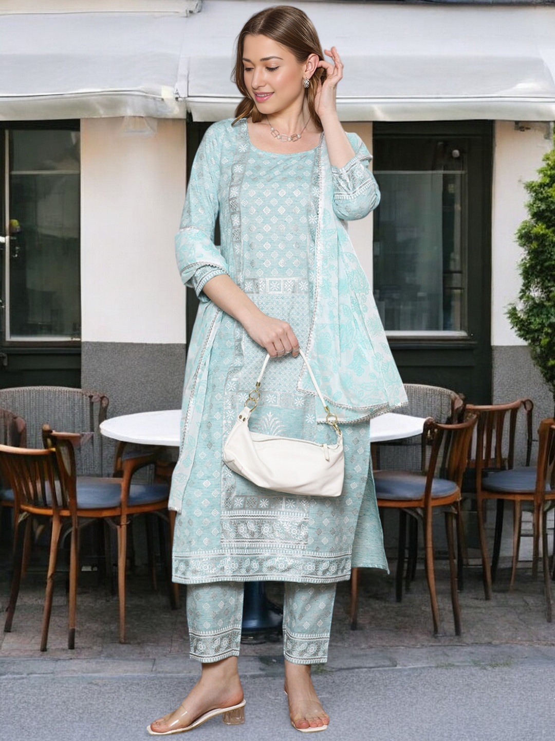 

True Shape Ethnic Motifs Printed Round Neck Cotton Straight Kurta With Trouser & Dupatta, Blue