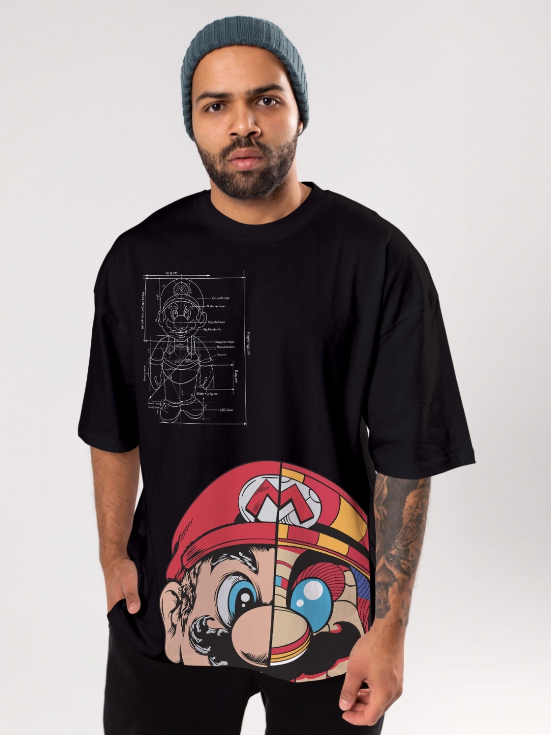 

FLYIND VOGUE OUTFIT Men Super Mario Bio Finish Graphic Printed Cotton Oversized T-shirt, Black