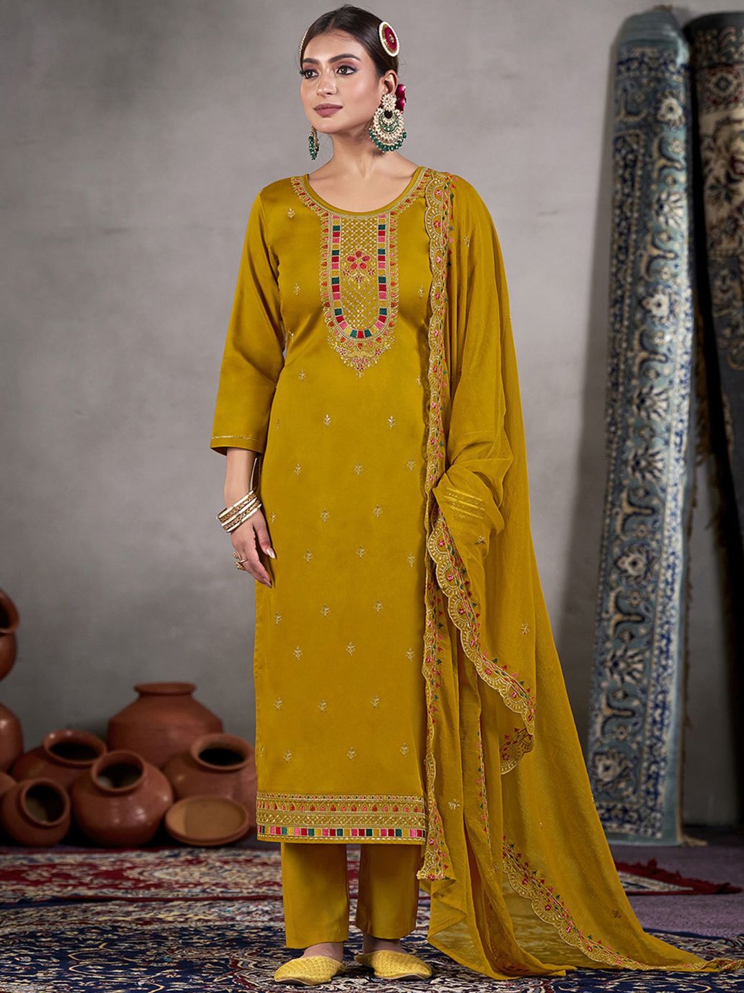 

Anouk Embroidered Unstitched Dress Material, Mustard