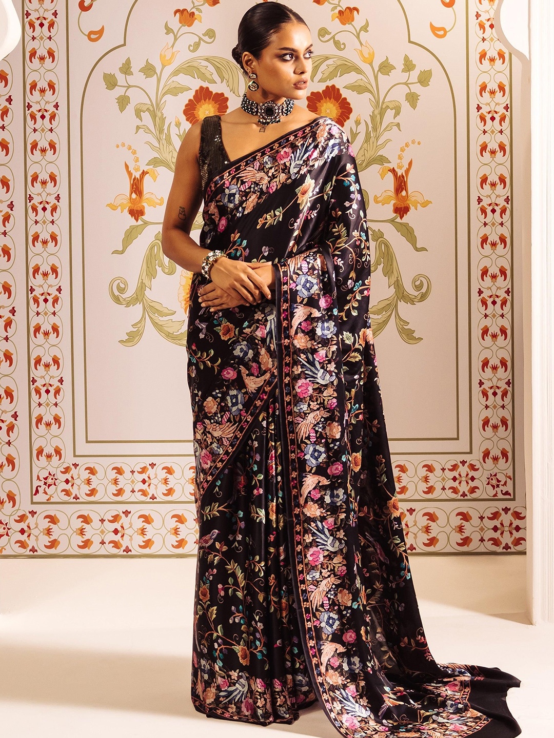 

STAVA CREATION Floral Poly Crepe Saree, Black