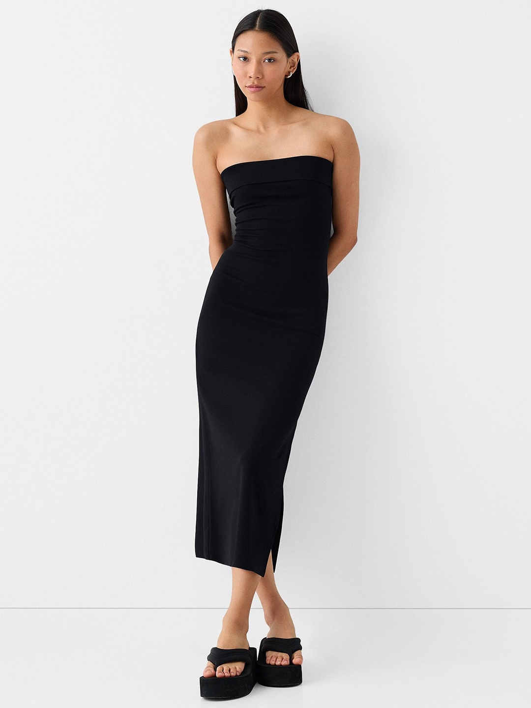 

COLOR CAPITAL Bodycon Dress Strapless Sleeveless Midi Dress, Black